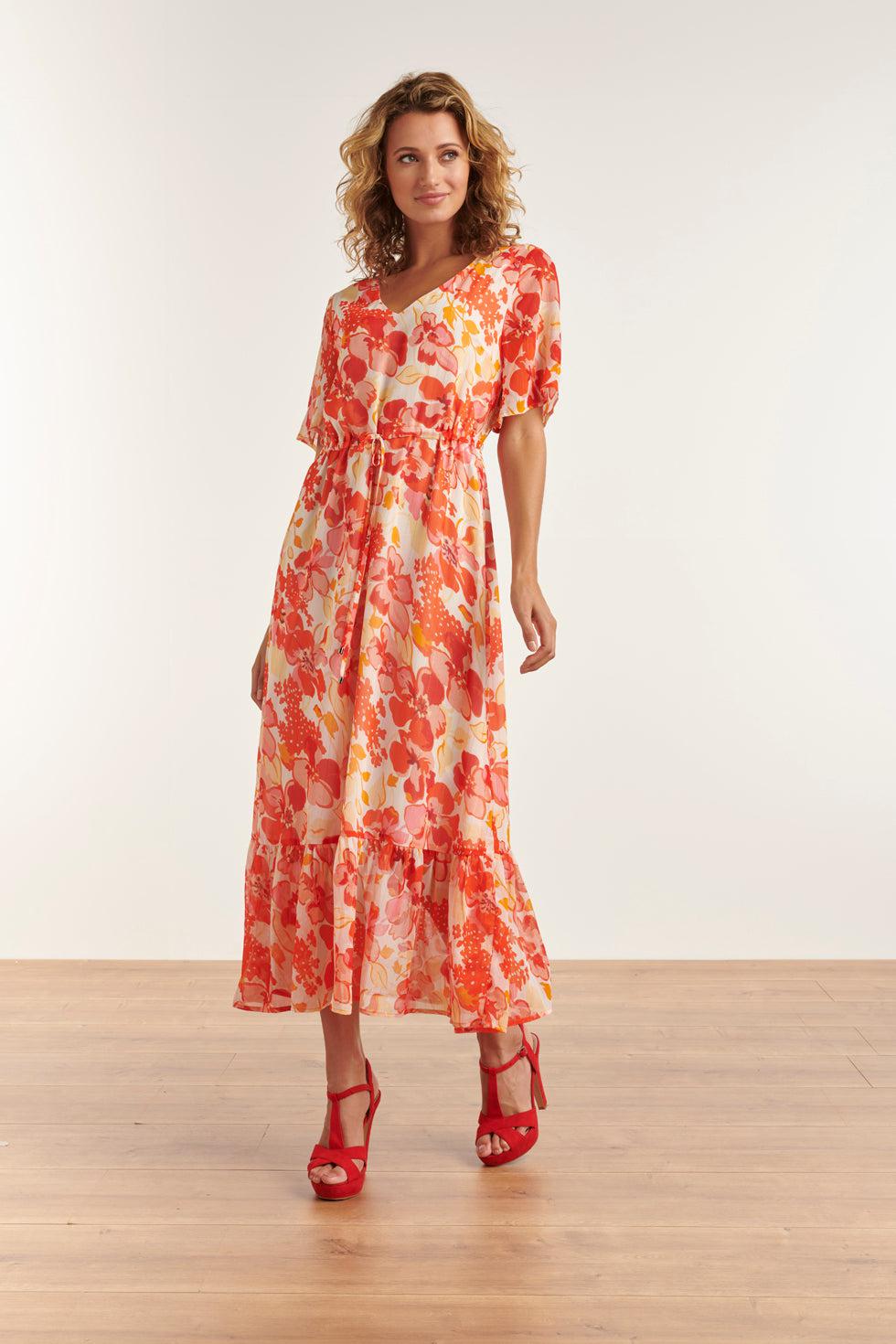 Smashed Lemon Maxi Chiffon Summer Dress With Floral Print In Red Orange