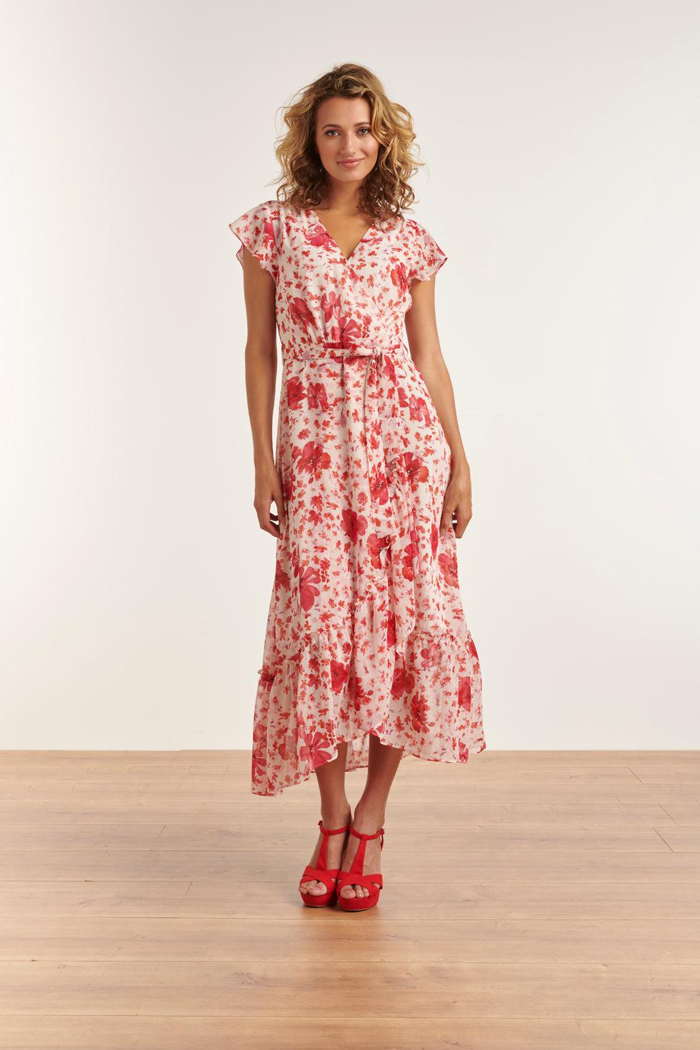 Smashed Lemon Maxi Summer Dress With Red And White Floral Print 23304