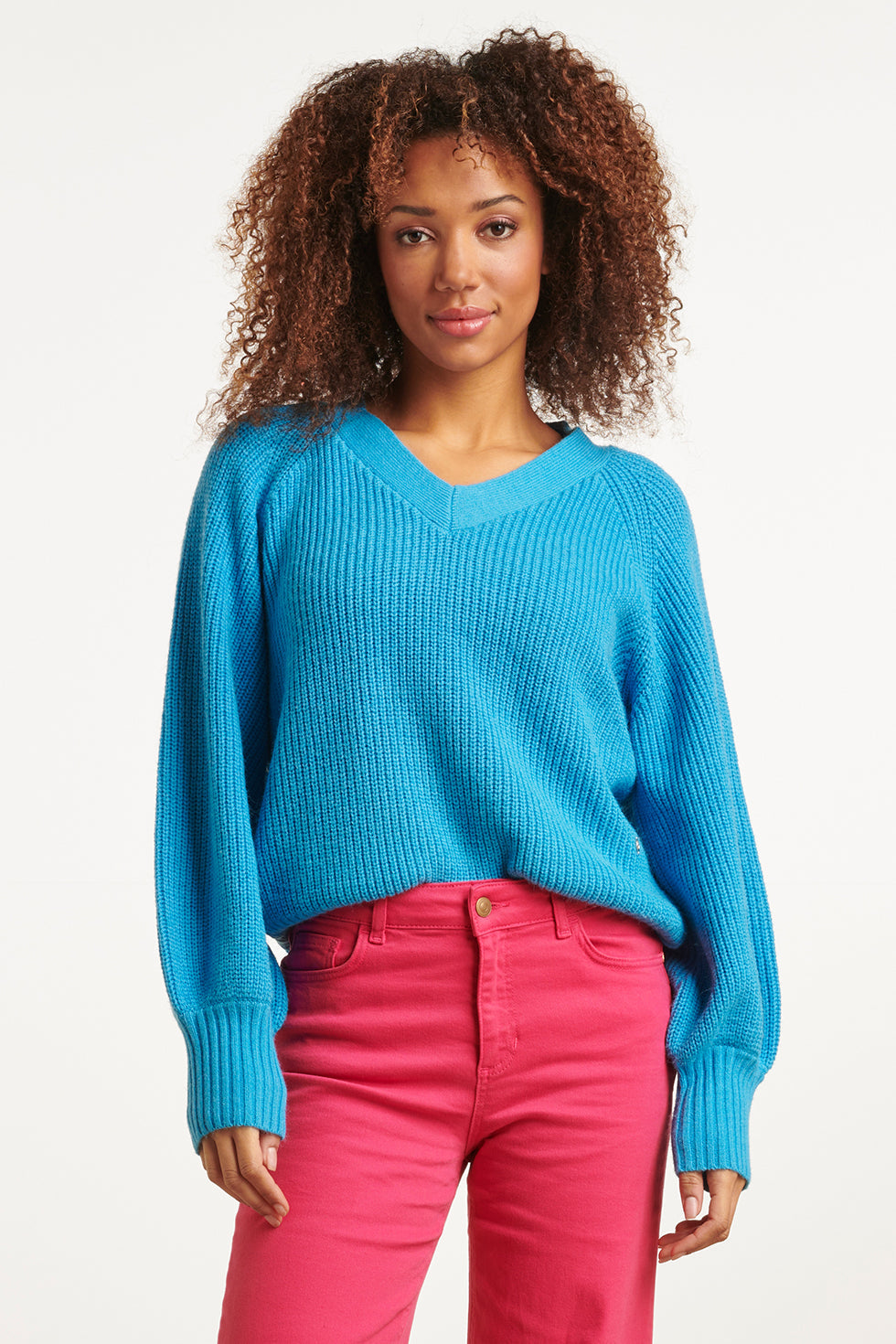 Smashed Lemon 23613 Oversized V Hals Trui In Felblauw Gebreide Raglan