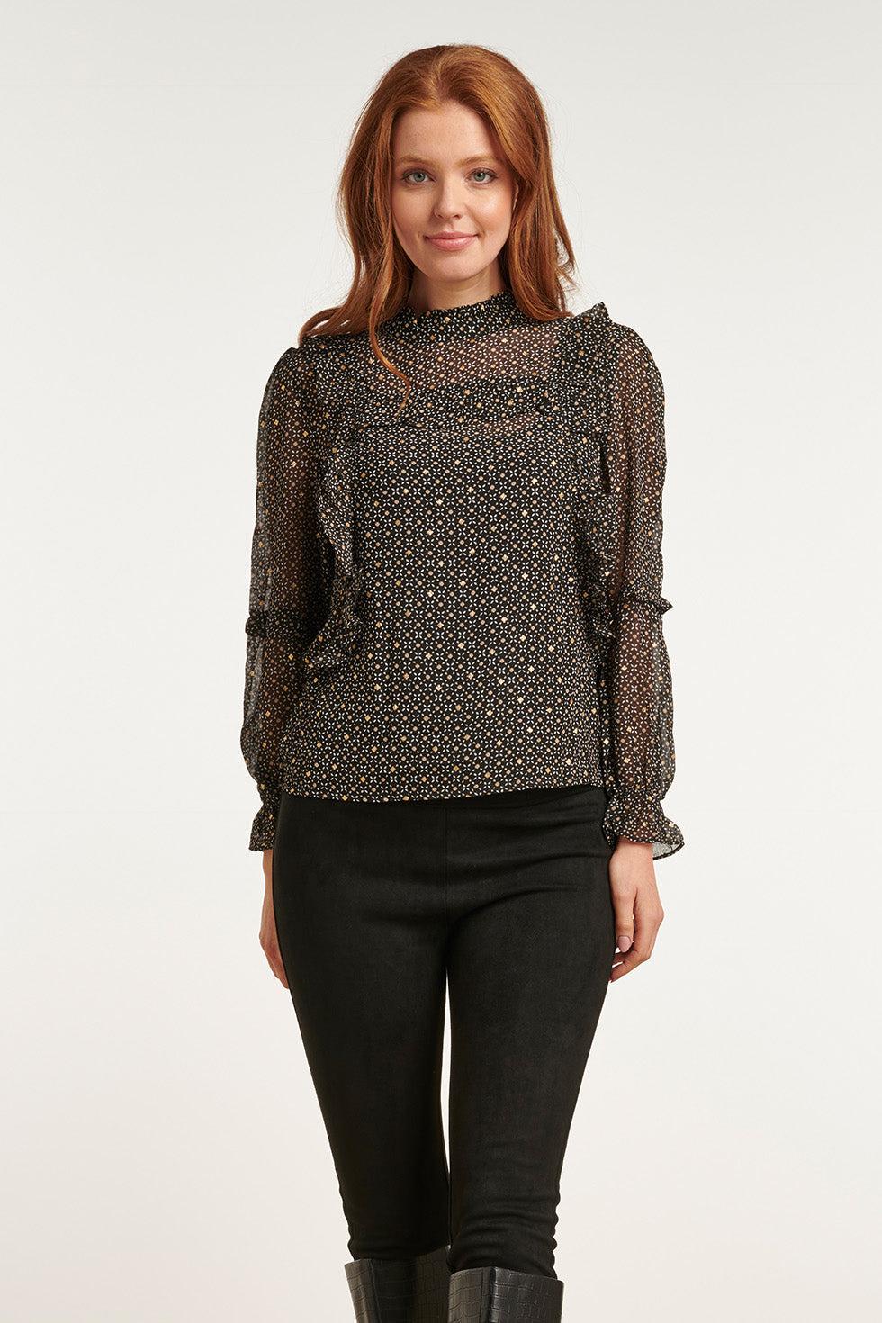 22810 Chiffon Top Met Folie Print In Zwart