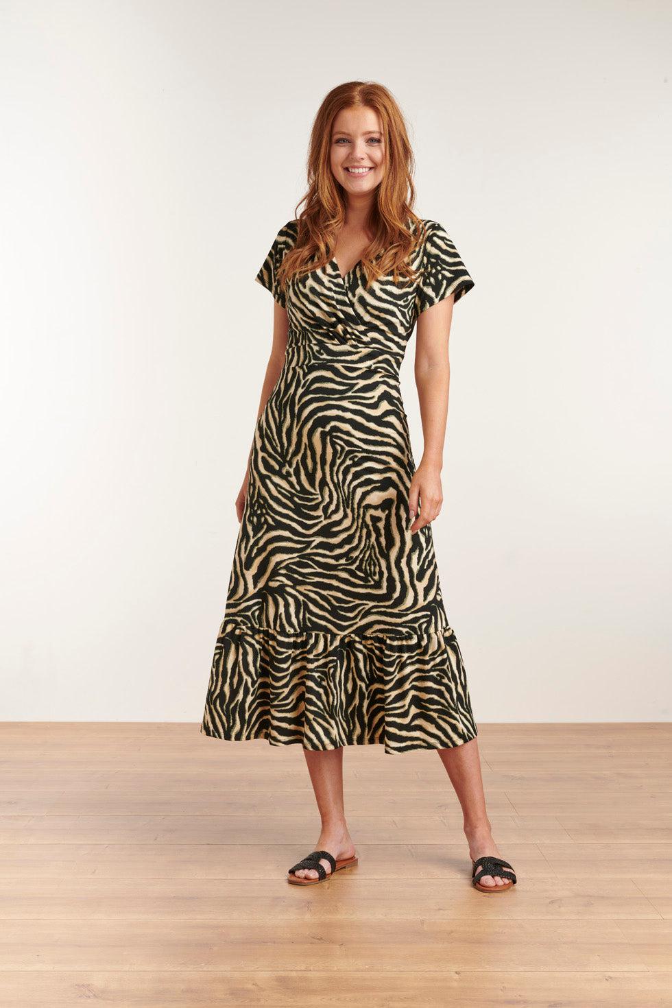 Smashed Lemon Casual Maxi Dress With Zebra Print And V Neck