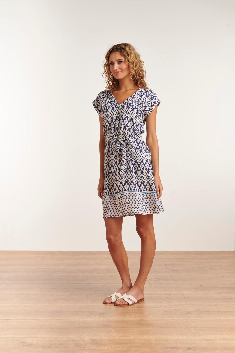 Smashed Lemon Viscose Dress With V Neckline And Abstract Border Print