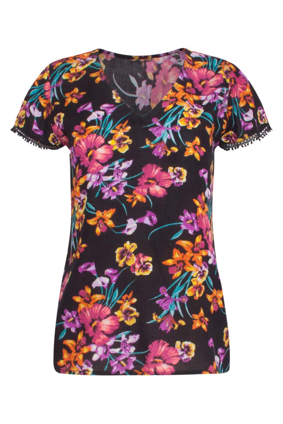 23371 Zomer Top Met Bloemenprint In Zwart-Paars