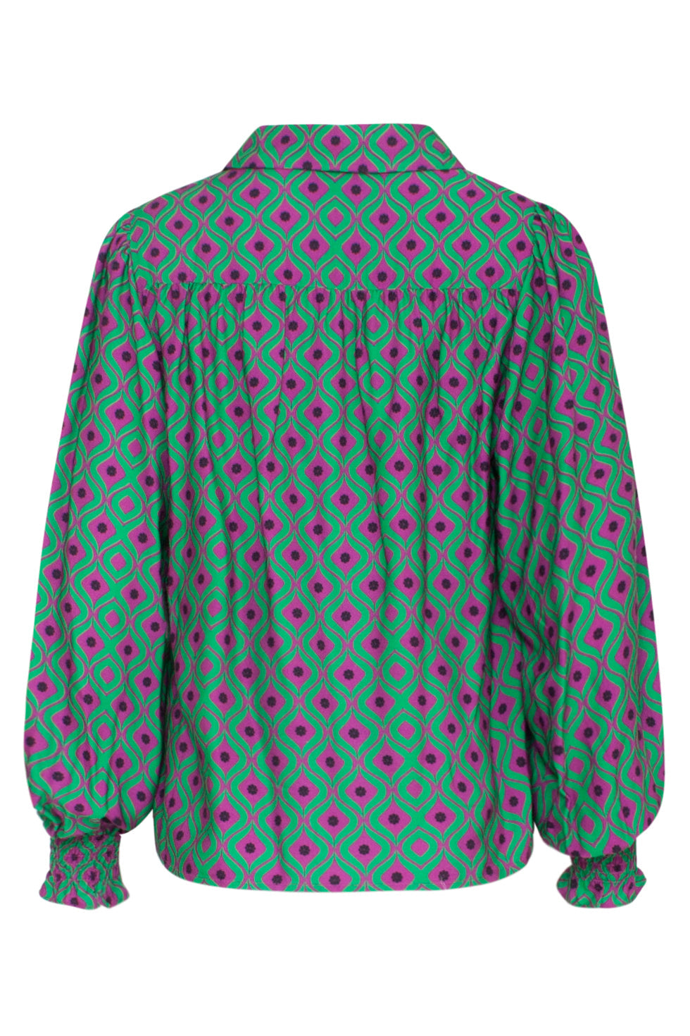 23535 Dames Doorknoopblouse Met Pofmouwen In Abstract Ornamenteel Print