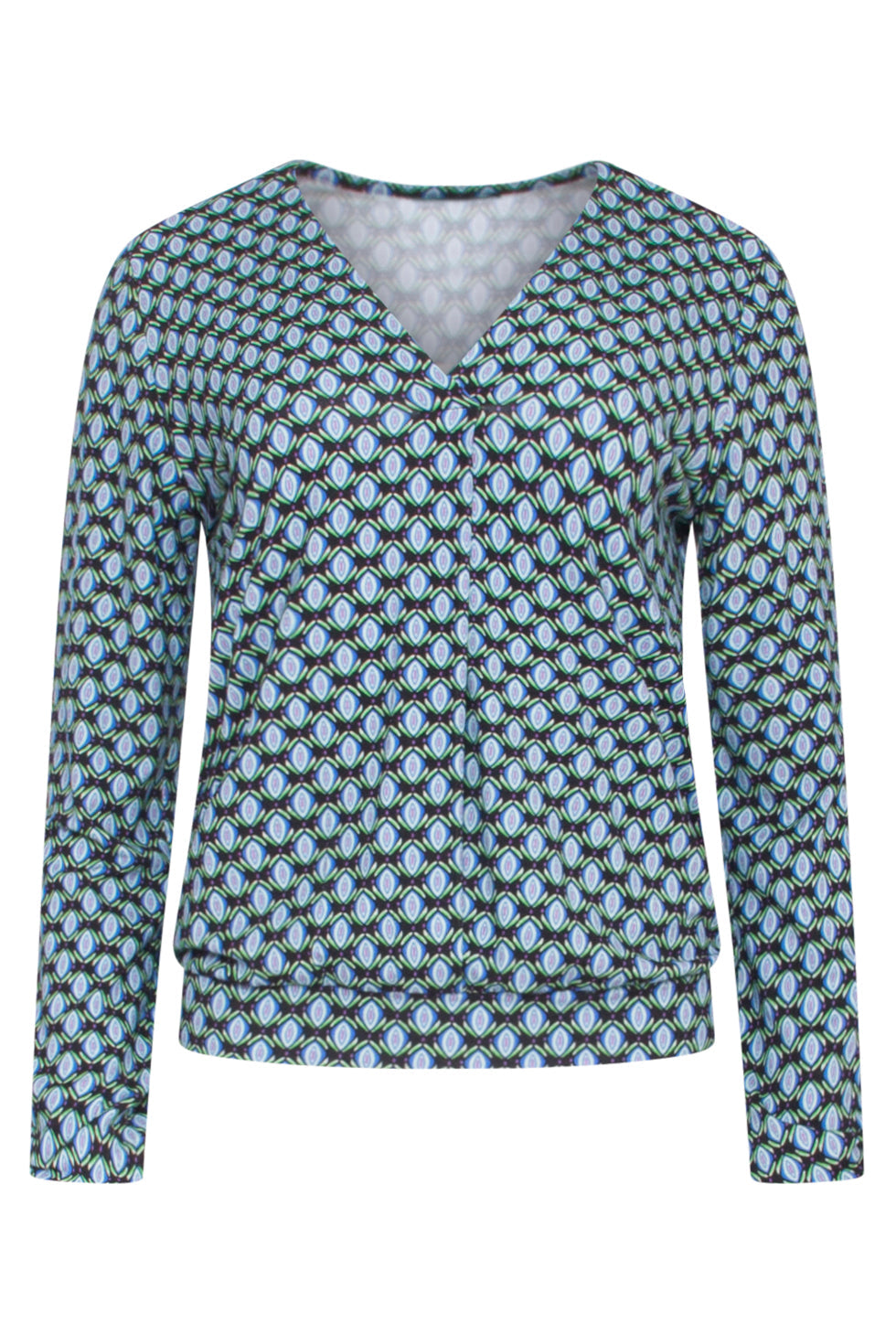 23650 Dames Top Met Zwart En Blauw Geometrisch Retro Print