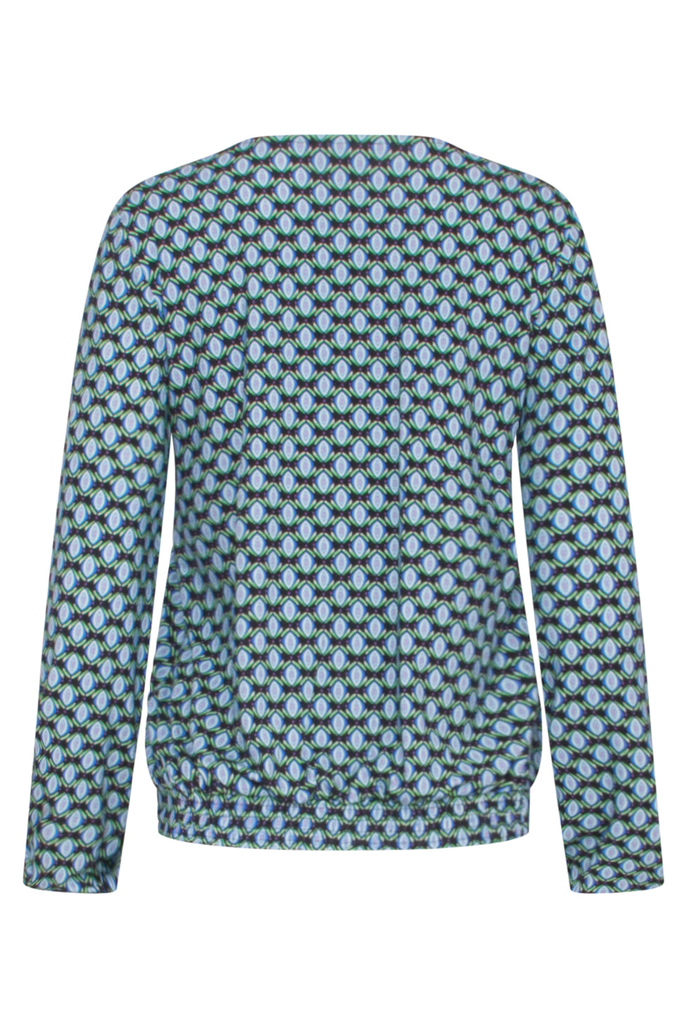 23650 Dames Top Met Zwart En Blauw Geometrisch Retro Print