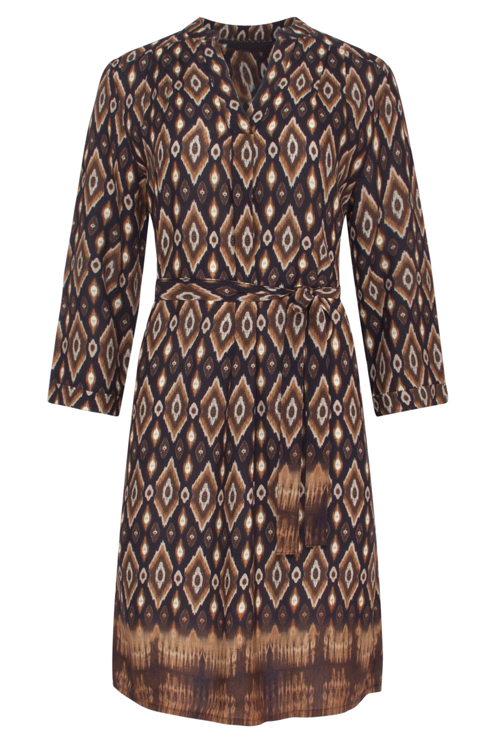 23658 Dames Jurk Met Tribal Print In Zwart En Bruine