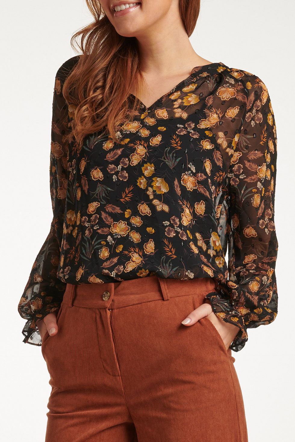 23711-999-240 V-Hals Top Met Bloemenprint In Bruin-Mosterd