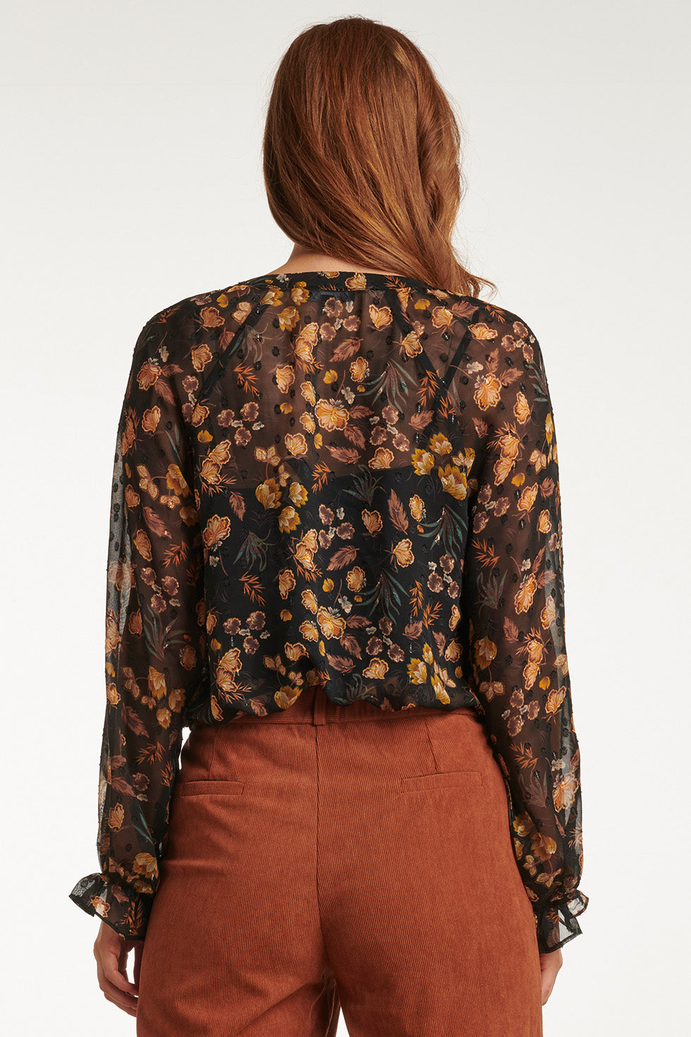 23711-999-240 V-Hals Top Met Bloemenprint In Bruin-Mosterd