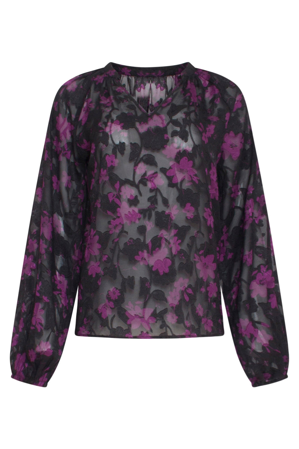 23715-999-380 V-Hals Top Met Bloemenprint In Paars En Zwart