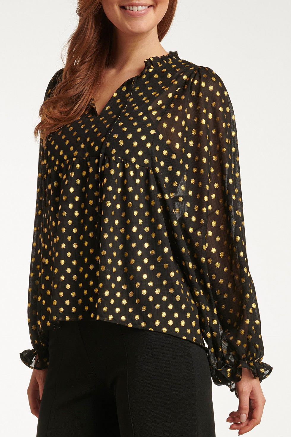 23727-999-025 V-Hals Top Met Stippenprint In Zwart En Goud - 100% Polyester