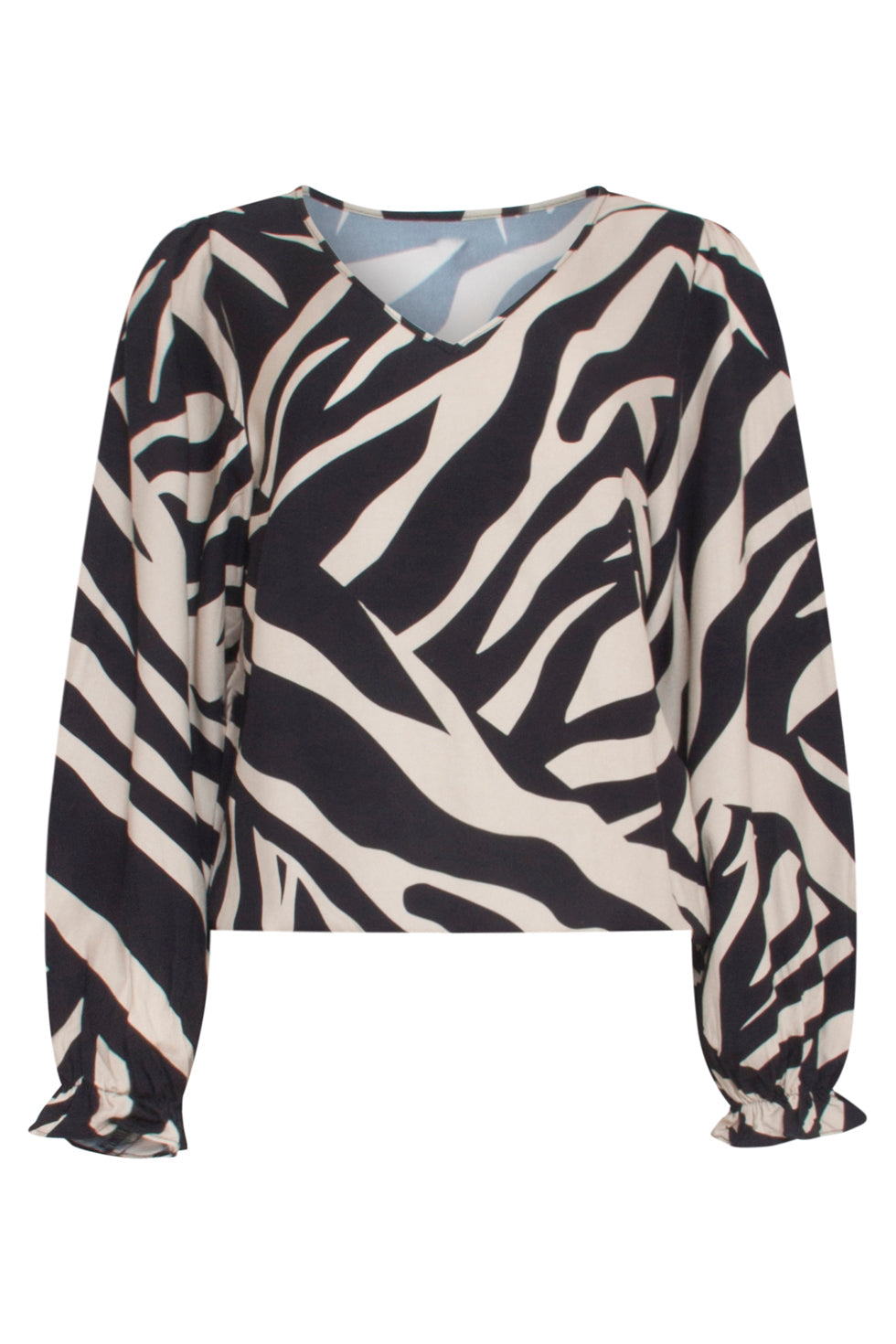 23744-010-999 Zebra Print V-Hals Top In Zwart En Off-White Voor Dames