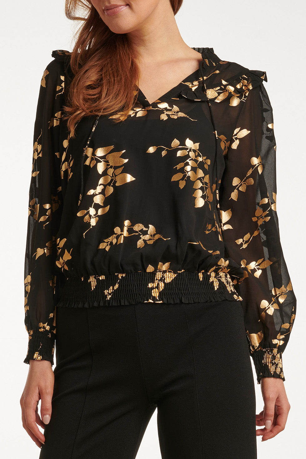 23763-999-025 Zwarte En Gouden Bloemenprint V-Hals Top Voor Dames