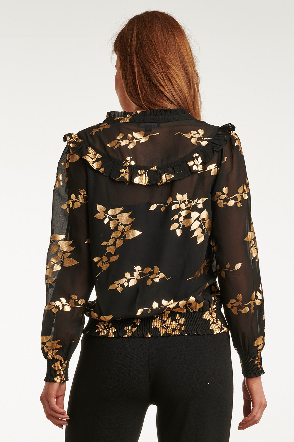 23763-999-025 Zwarte En Gouden Bloemenprint V-Hals Top Voor Dames