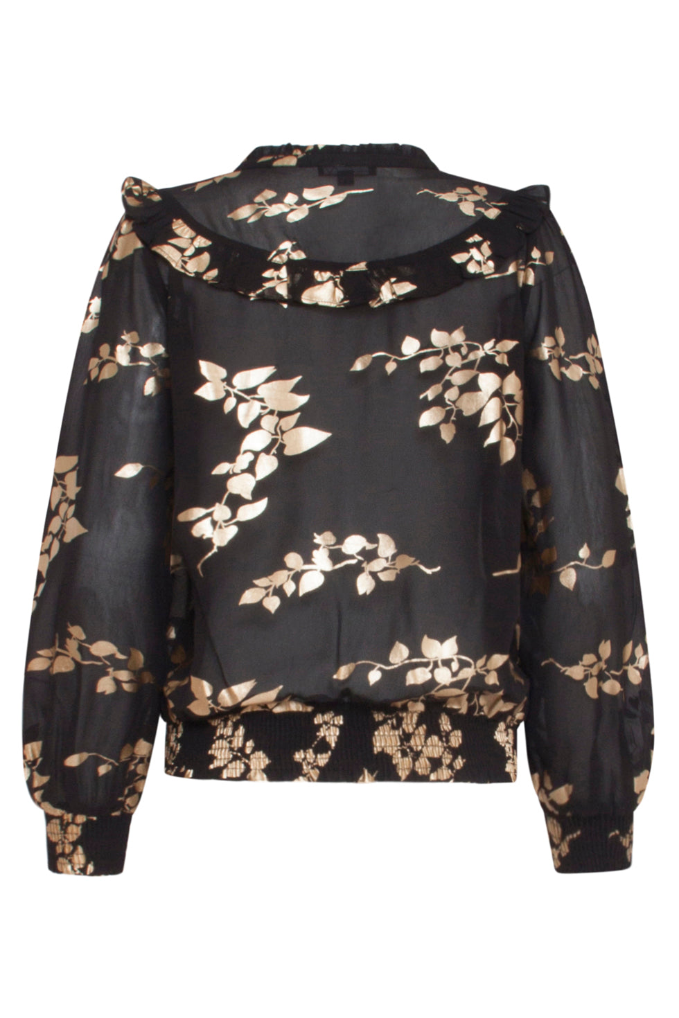 23763-999-025 Zwarte En Gouden Bloemenprint V-Hals Top Voor Dames