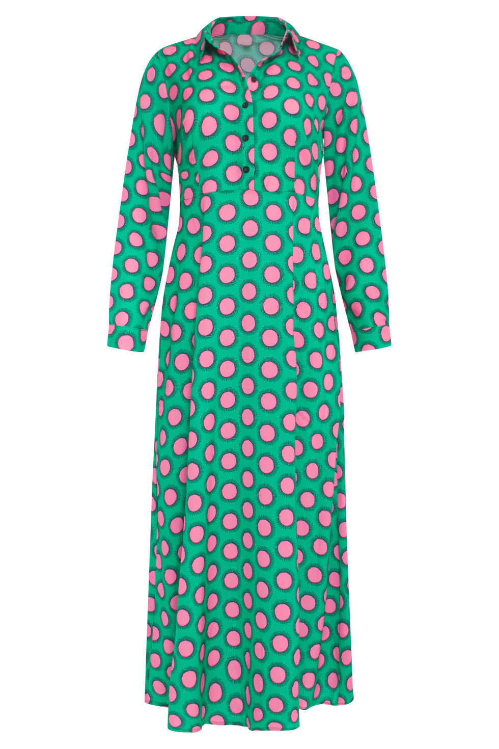 23801 Maxi Blouse Jurk Met Retro Print In Groen Roze