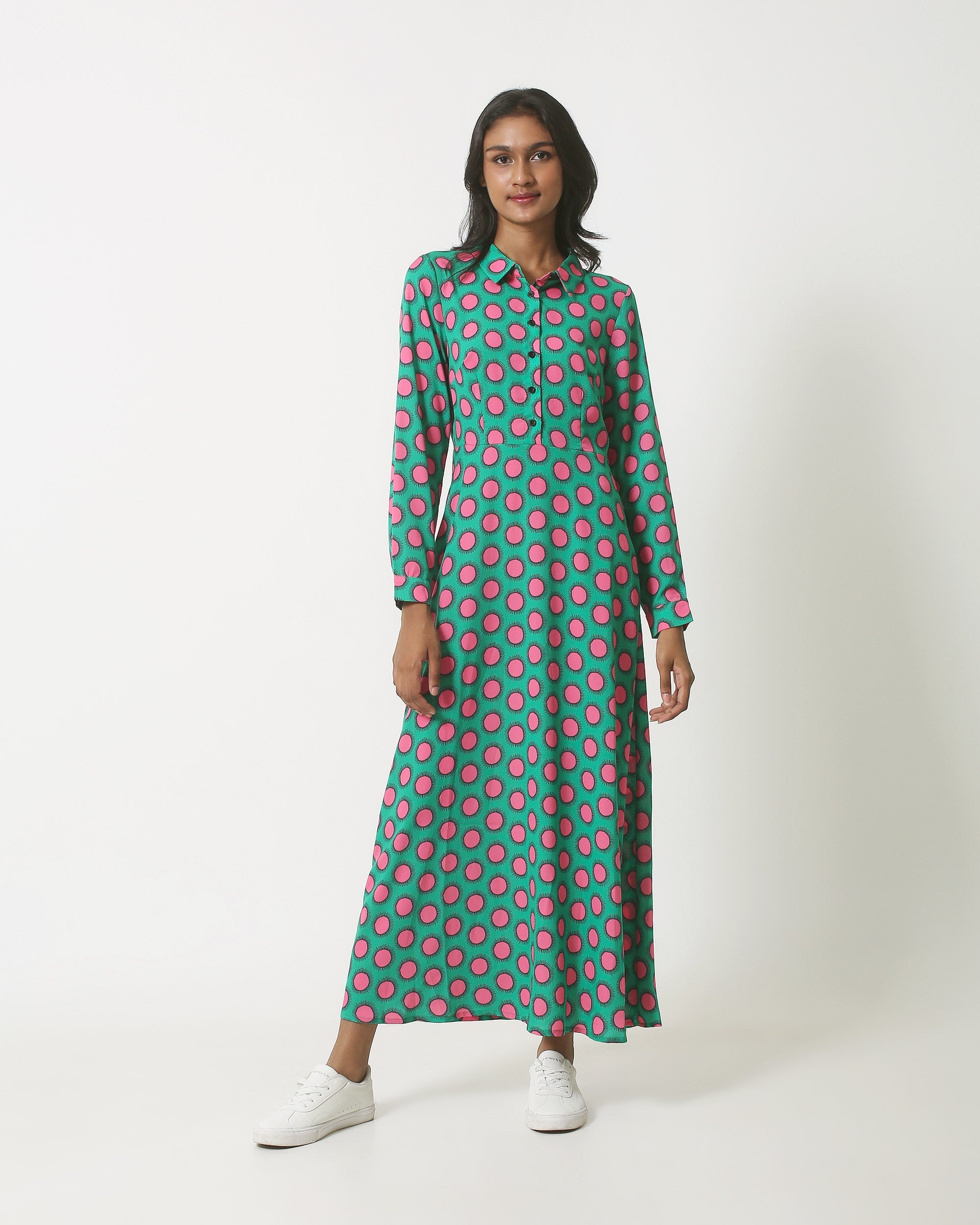 23801 Maxi Blouse Jurk Met Retro Print In Groen Roze