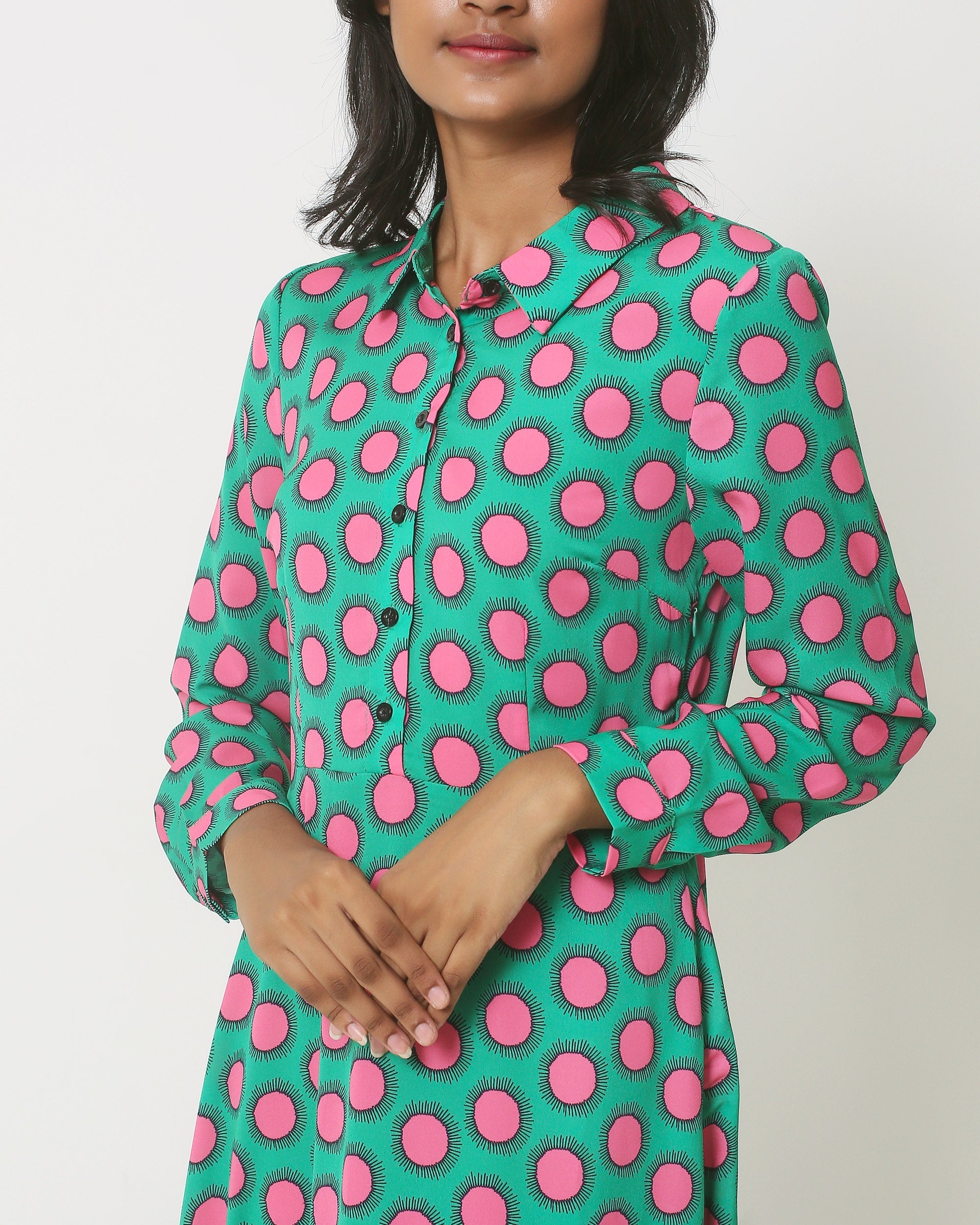 23801 Maxi Blouse Jurk Met Retro Print In Groen Roze