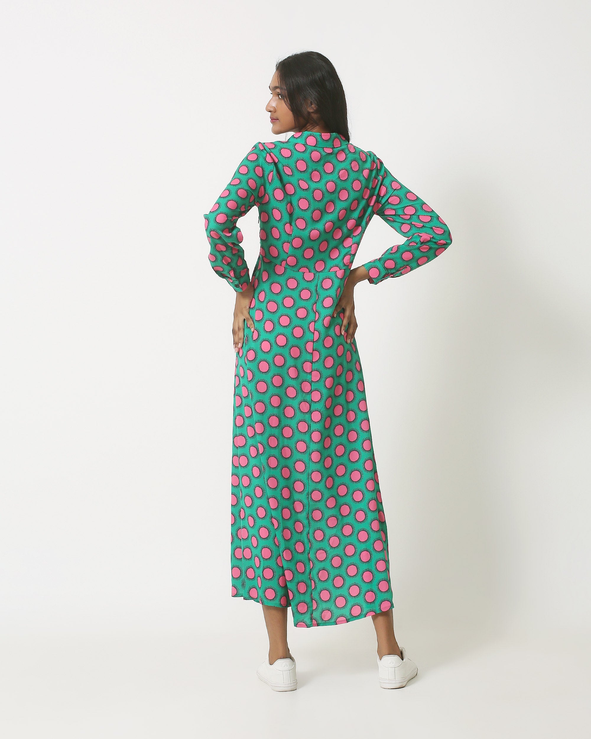 23801 Maxi Blouse Jurk Met Retro Print In Groen Roze