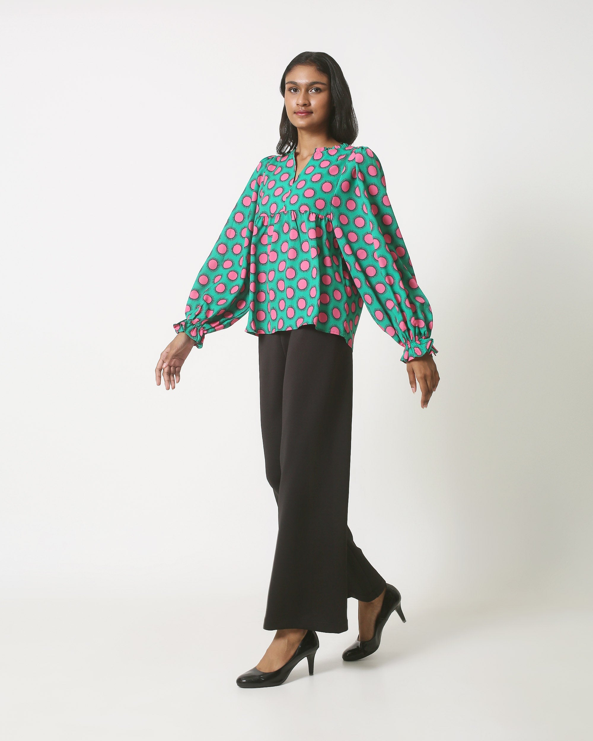 23802 Retro Print Top In Groen Roze Met Driekwart Mouwen