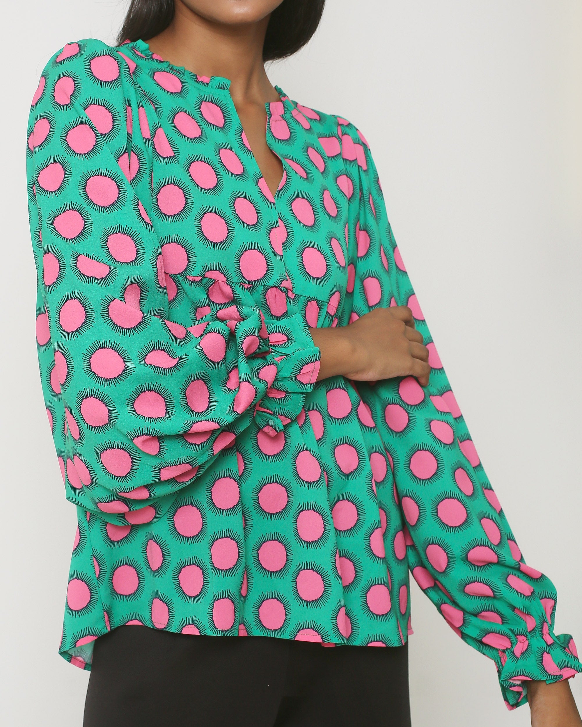 23802 Retro Print Top In Groen Roze Met Driekwart Mouwen