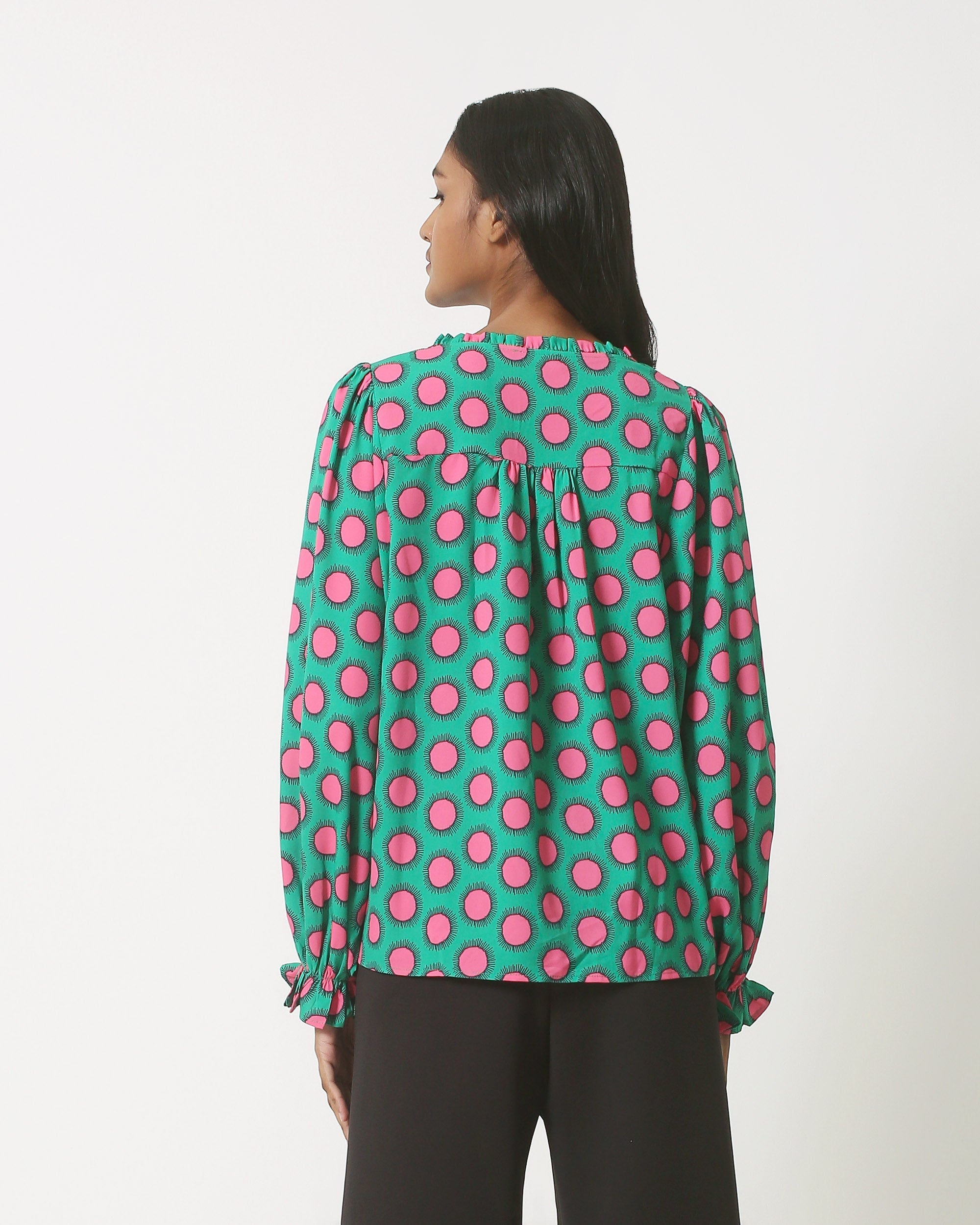 23802 Retro Print Top In Groen Roze Met Driekwart Mouwen