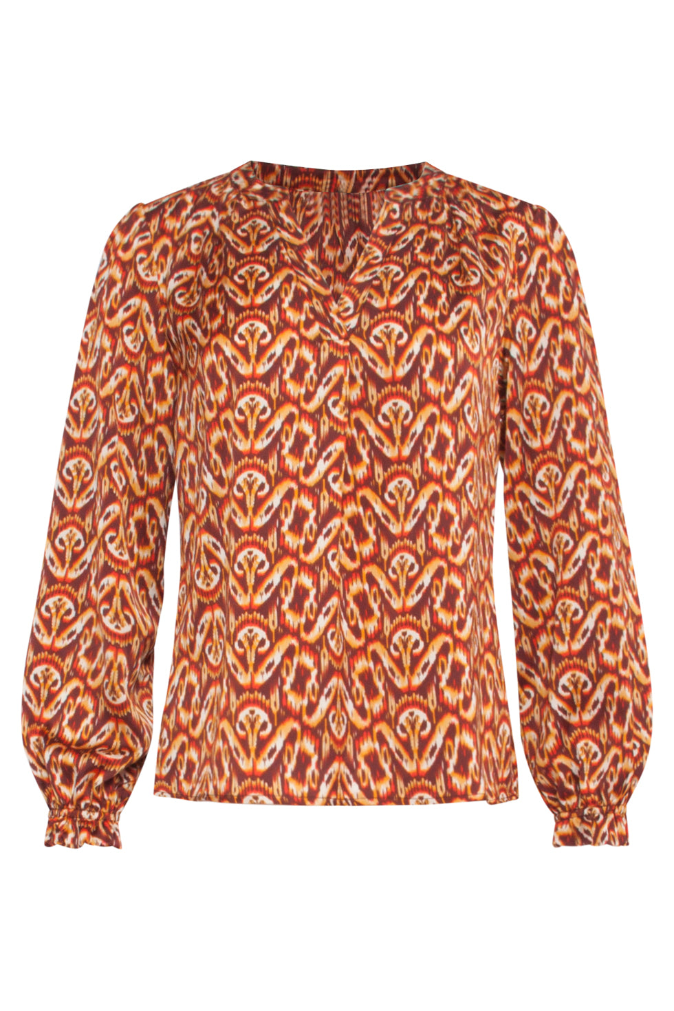 23817 Bruin-Oranje Abstracte Print V-Hals Top