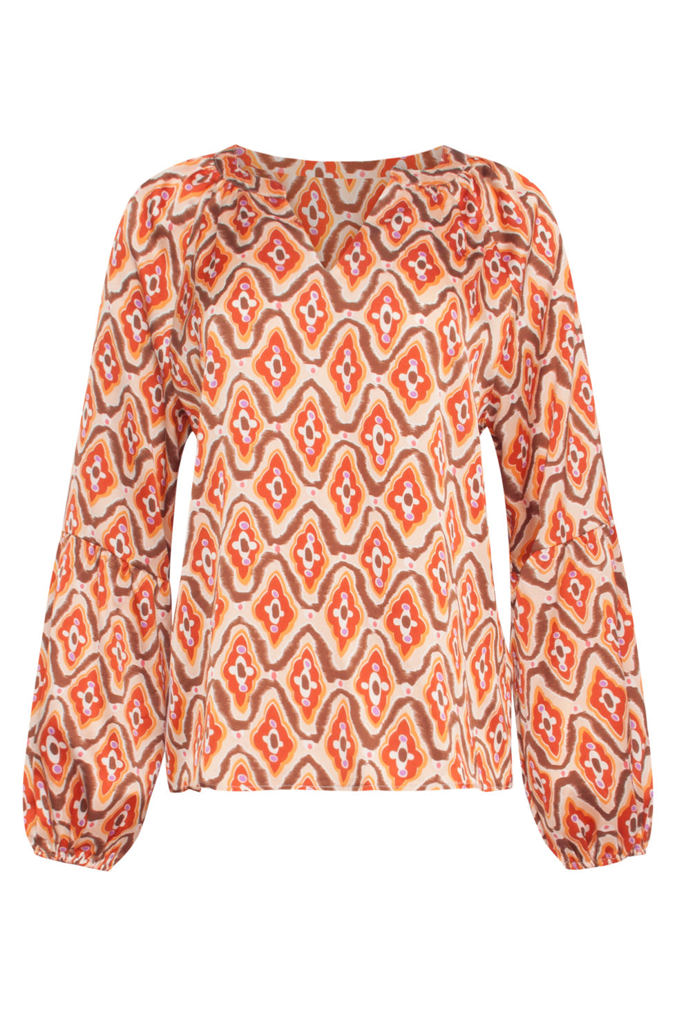 23820 Oranje Multikleur Retro Print V-Hals Top