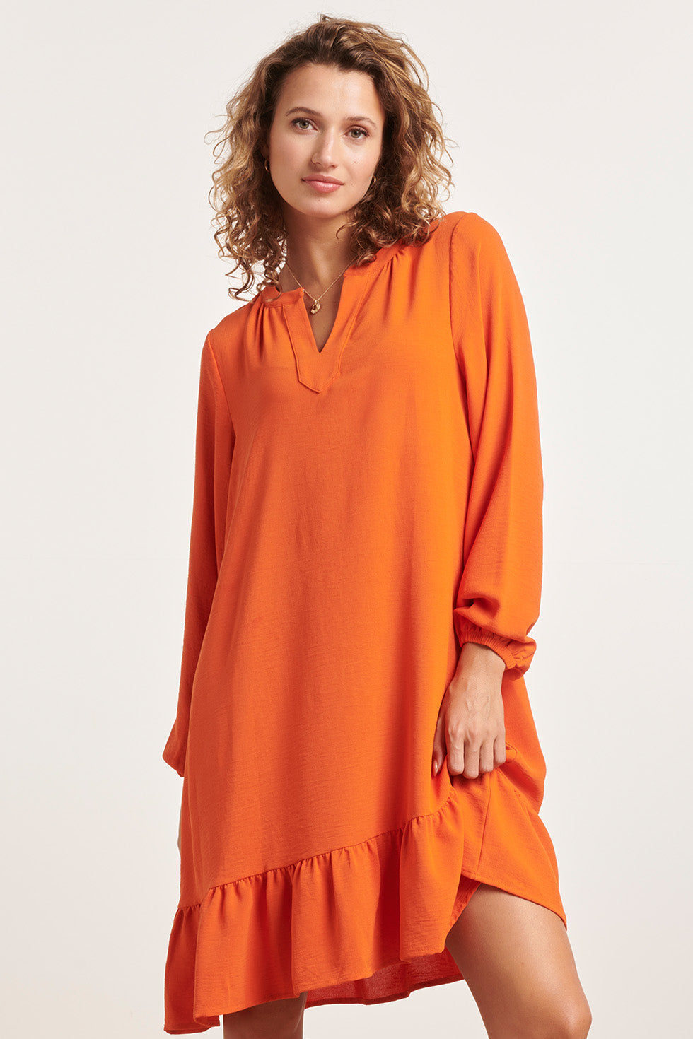 23878 Oranje Winter Jurk Met Lange Pof Mouwen