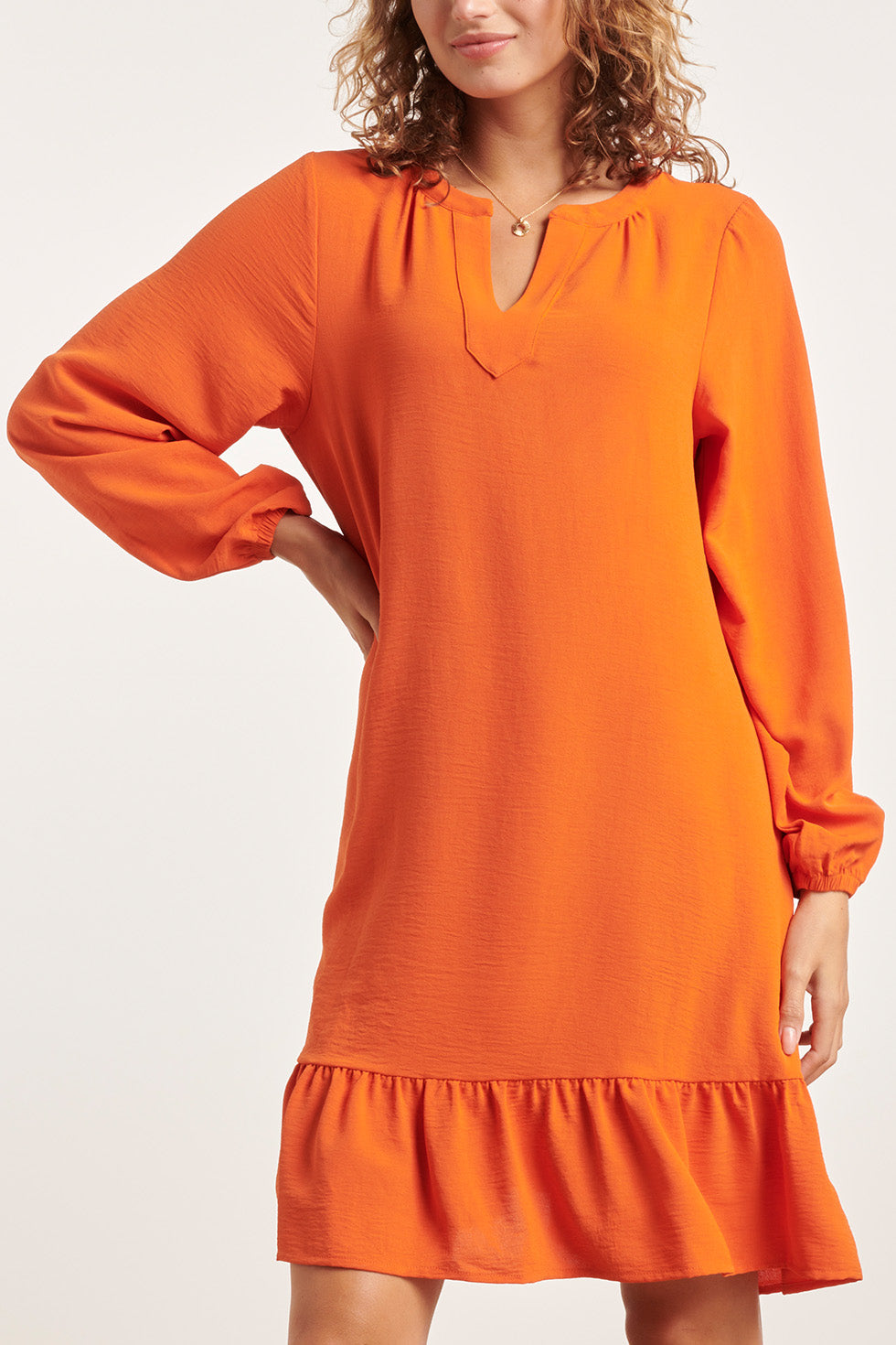 23878 Oranje Winter Jurk Met Lange Pof Mouwen