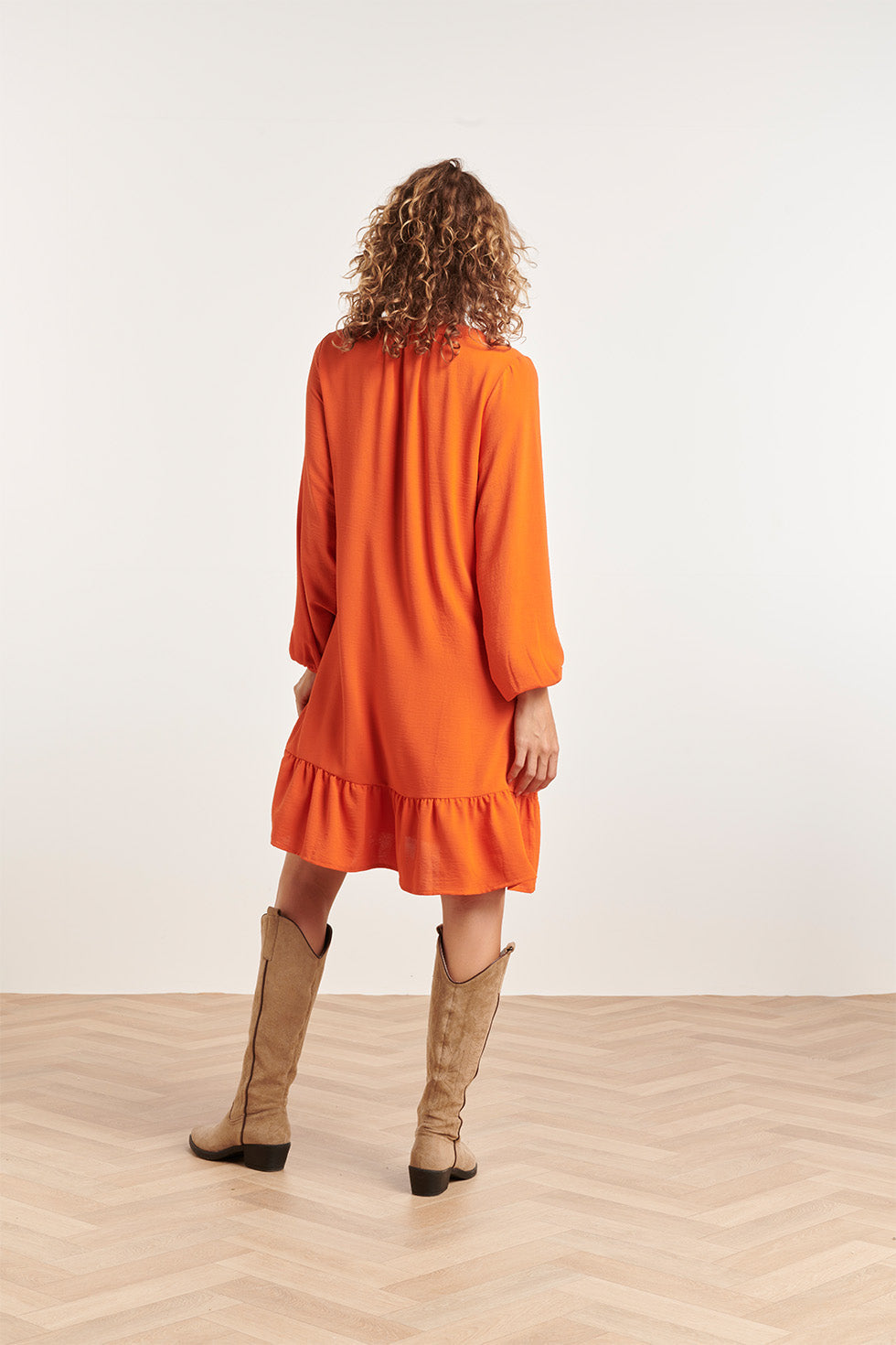 23878 Oranje Winter Jurk Met Lange Pof Mouwen