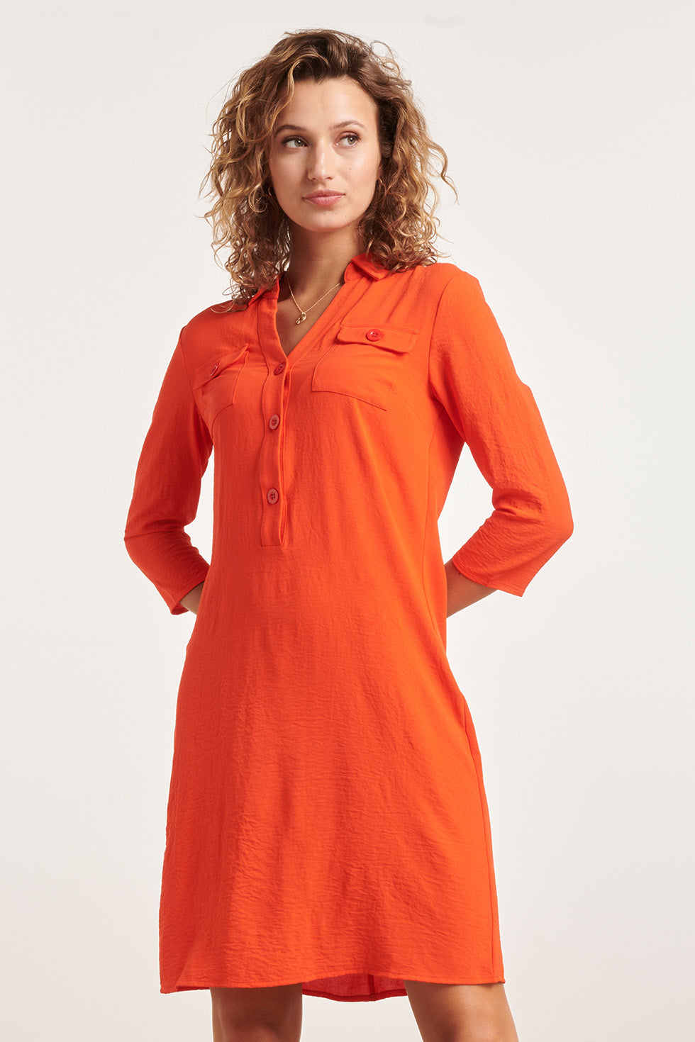 23880 Oranje Winterjurk Met Driekwart Mouwen, Polo Kraag