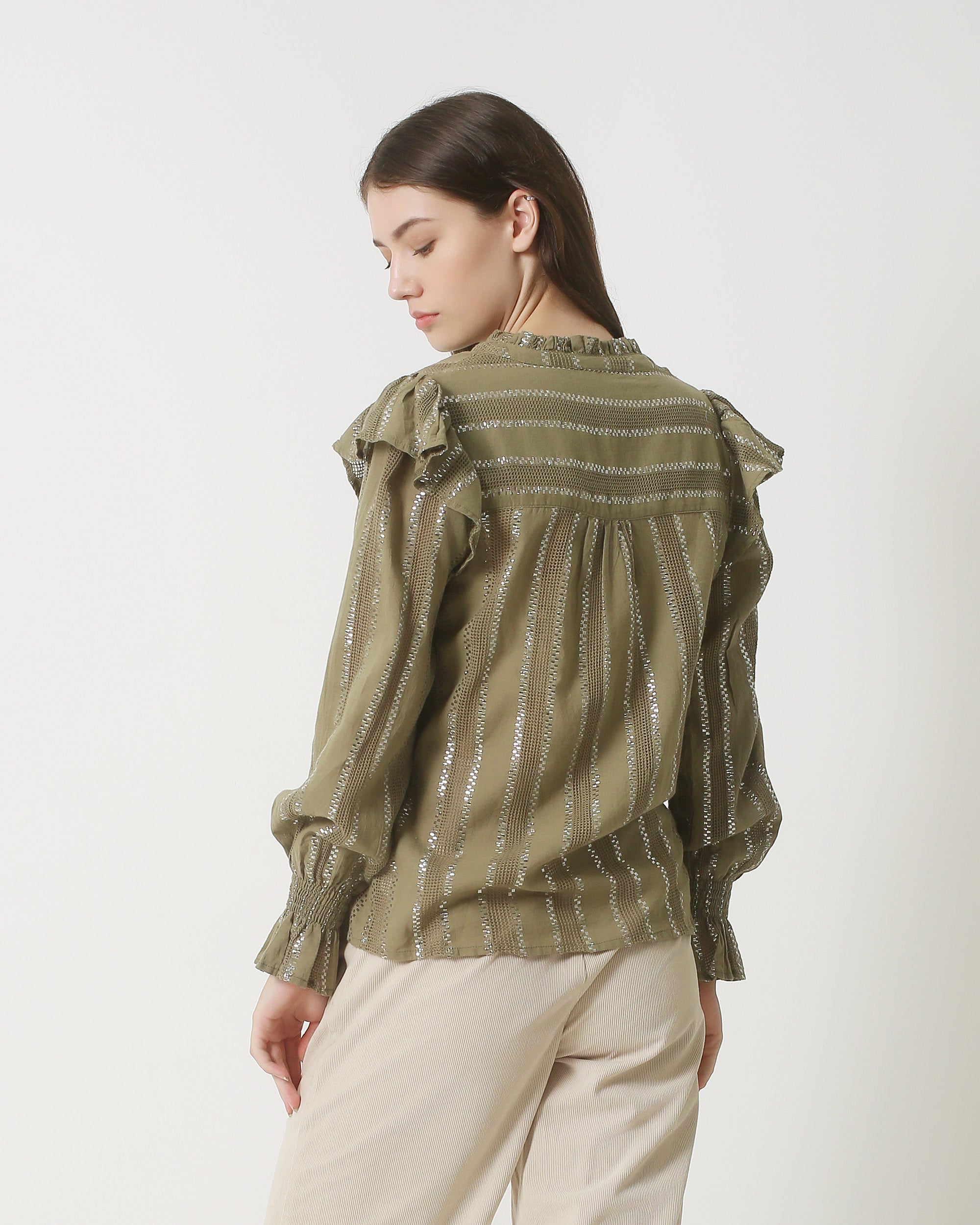 23883 Army Groene Lurex Blouse Met Verticale Strepen