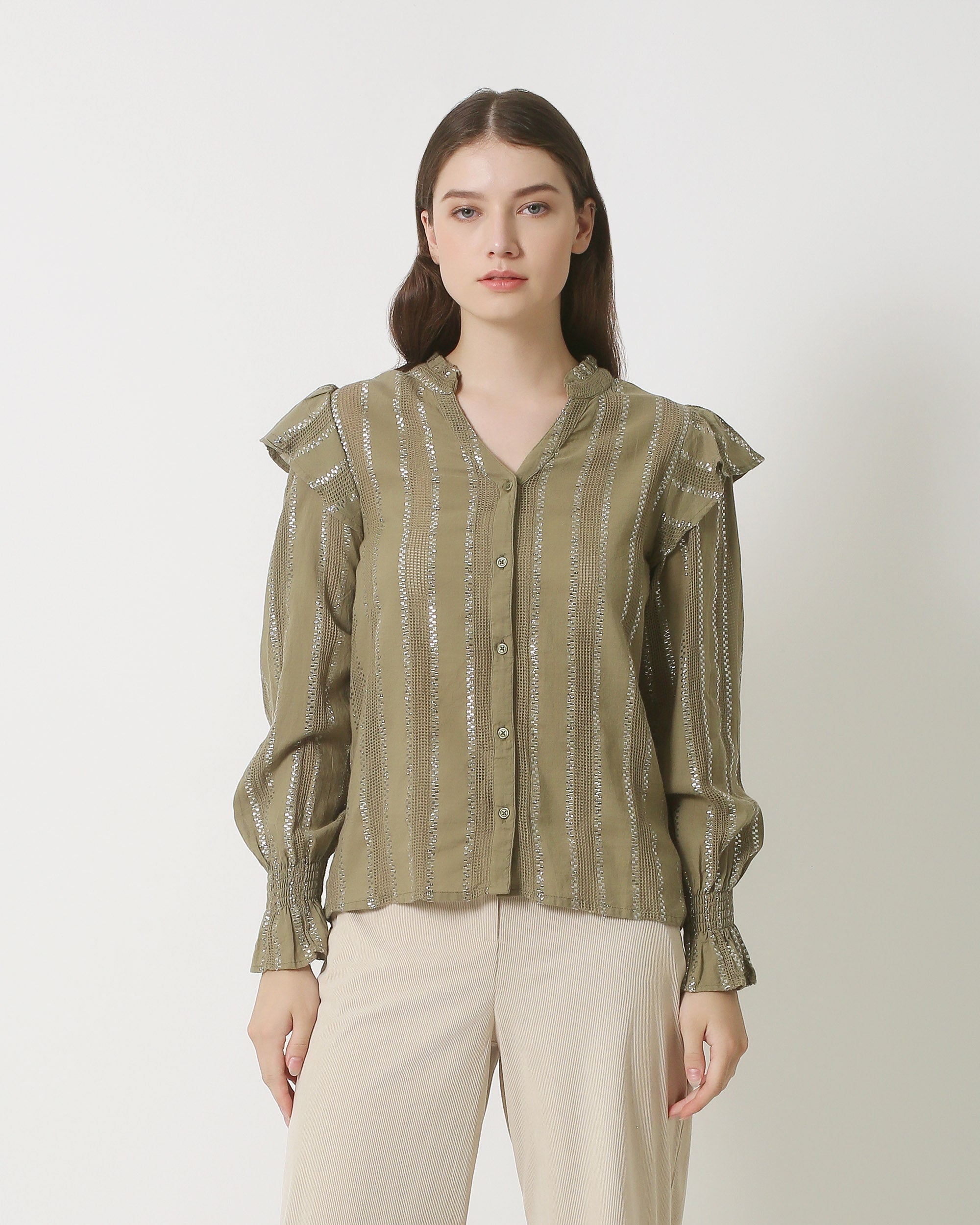 23883 Army Groene Lurex Blouse Met Verticale Strepen