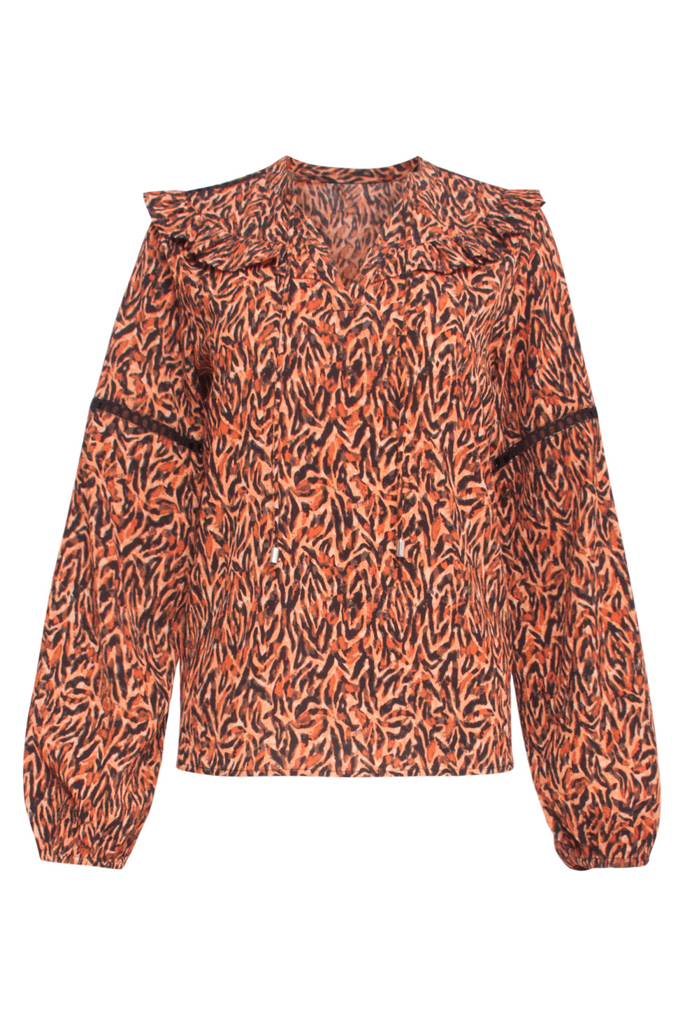 23885 Herfst/Winter Top Met Grafische Print In Oranje Bruine Tinten