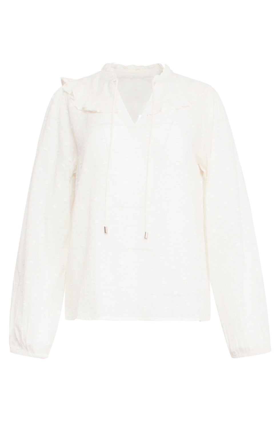 23888 Herfst/Winter Uni Witte Top Met V-Hals, Lange Mouwen En Ruffles