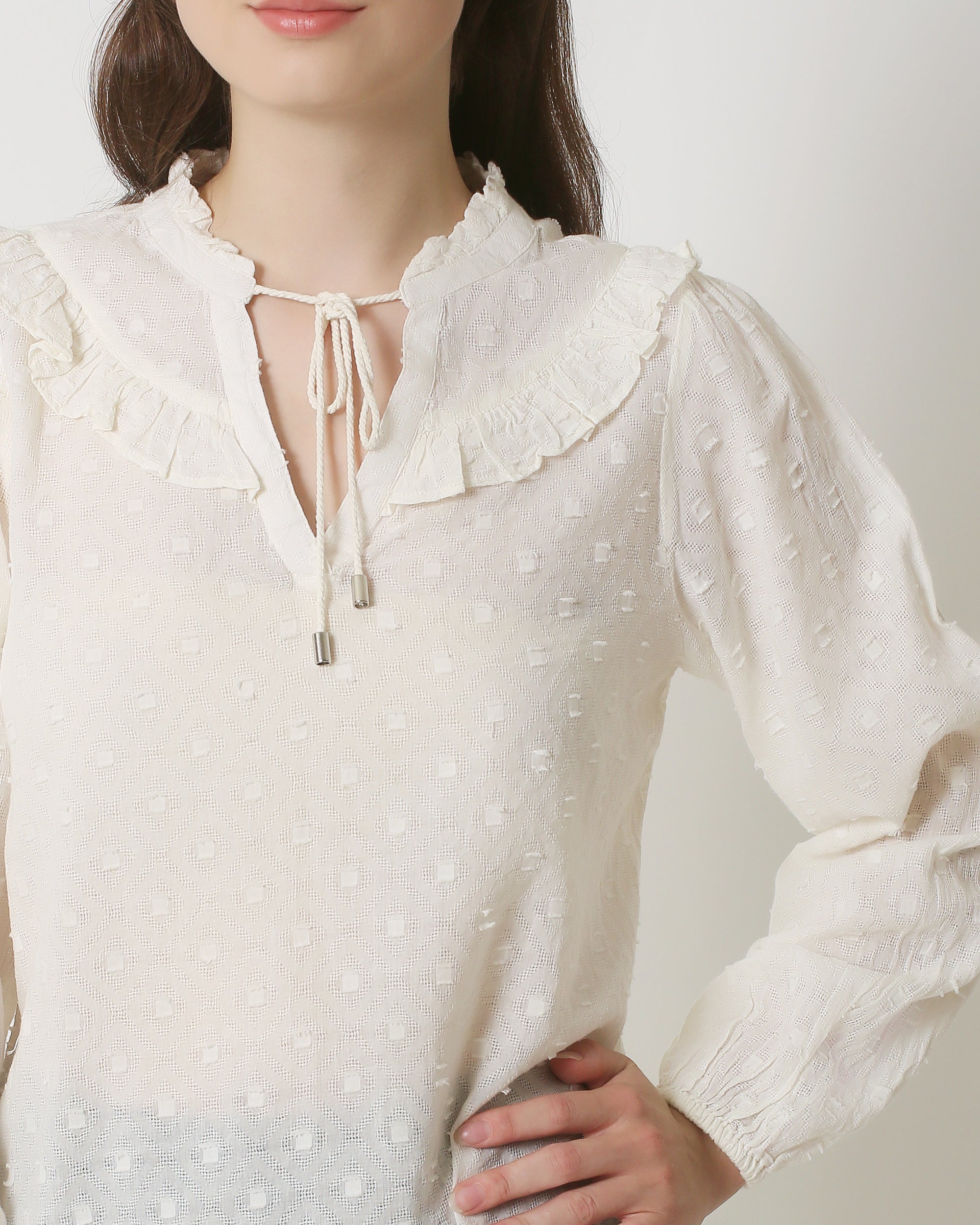 23888 Herfst/Winter Uni Witte Top Met V-Hals, Lange Mouwen En Ruffles