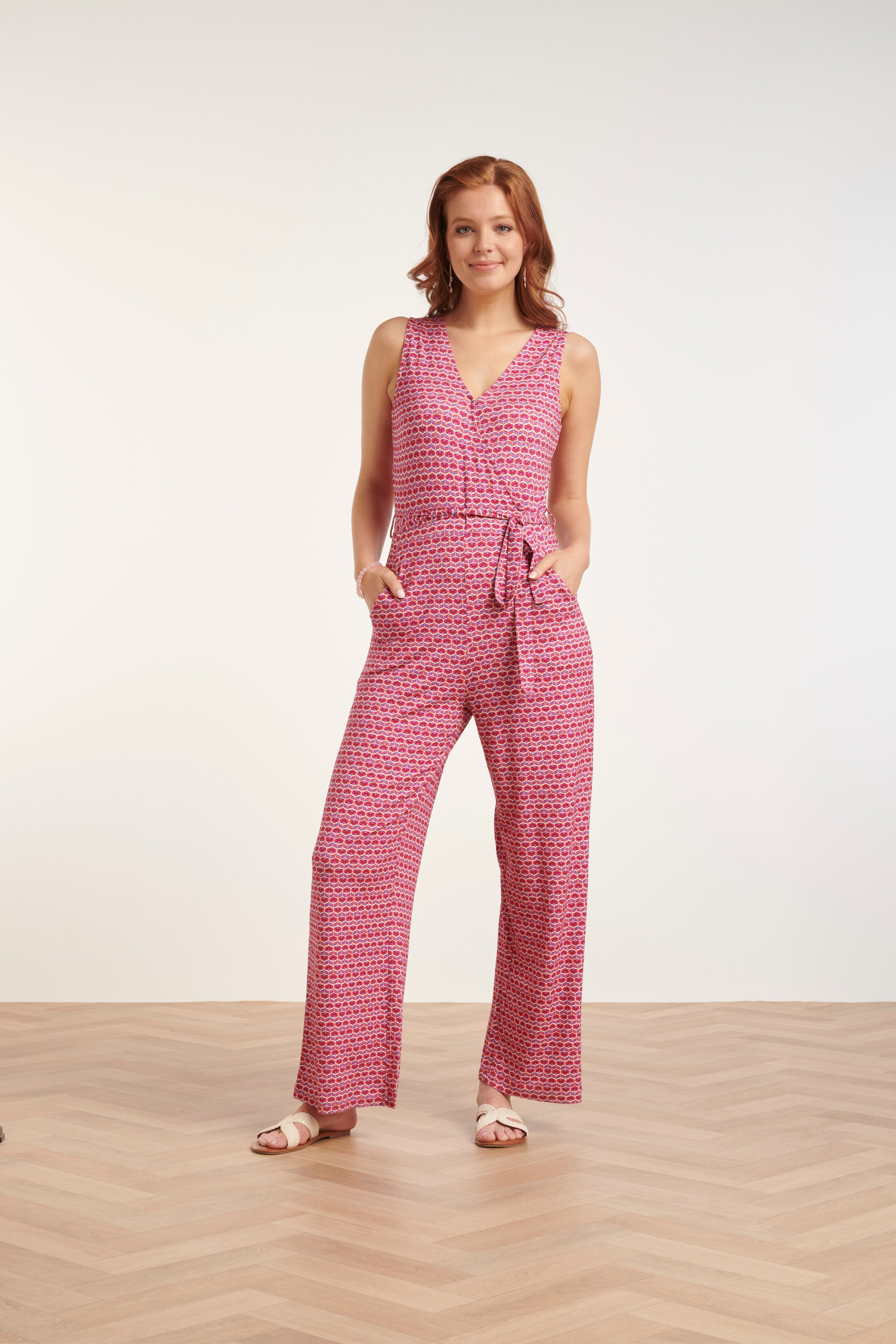 24444 Roze Retro Grafische Print Jumpsuit - Wijde Pijpen