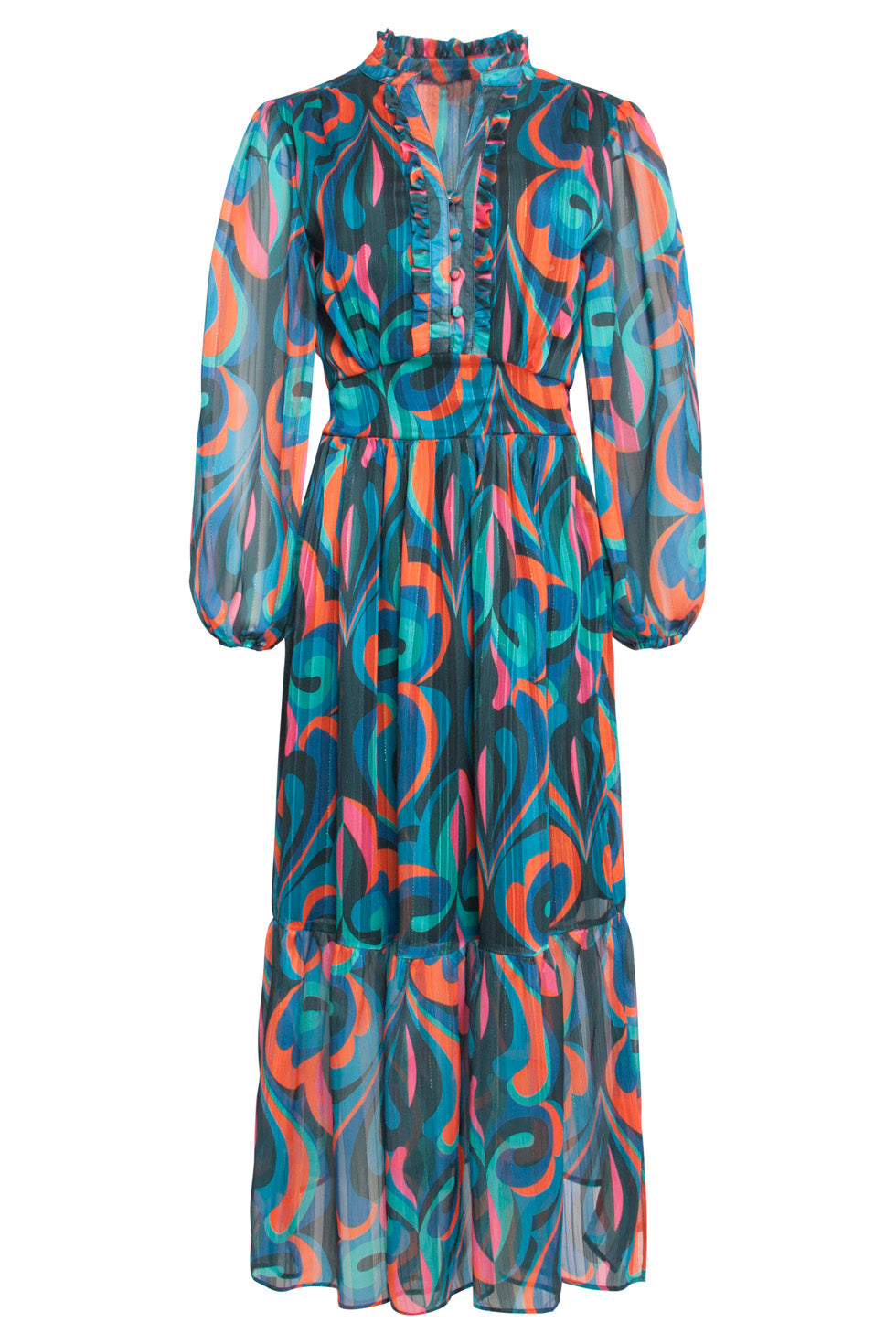 24519 Maxi-Jurk Met Multicolor Teal En Oranje Print