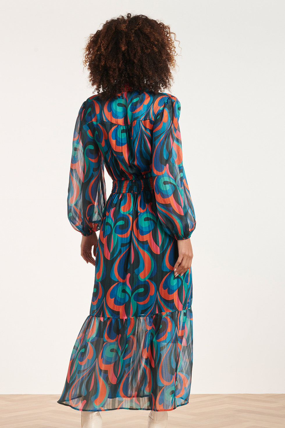 24519 Maxi-Jurk Met Multicolor Teal En Oranje Print