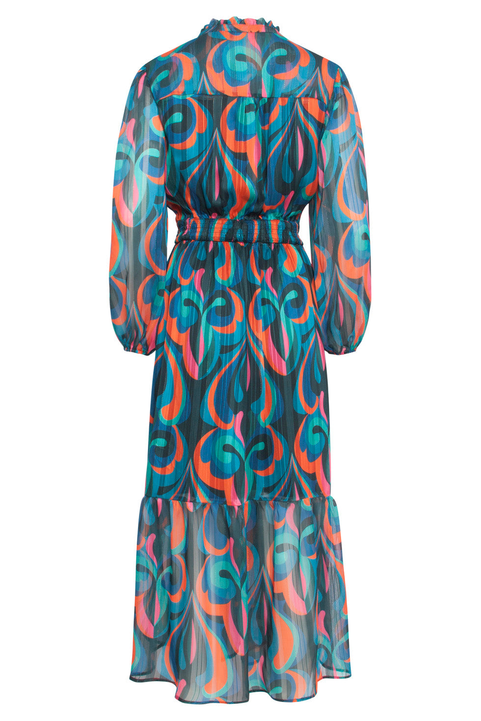 24519 Maxi-Jurk Met Multicolor Teal En Oranje Print