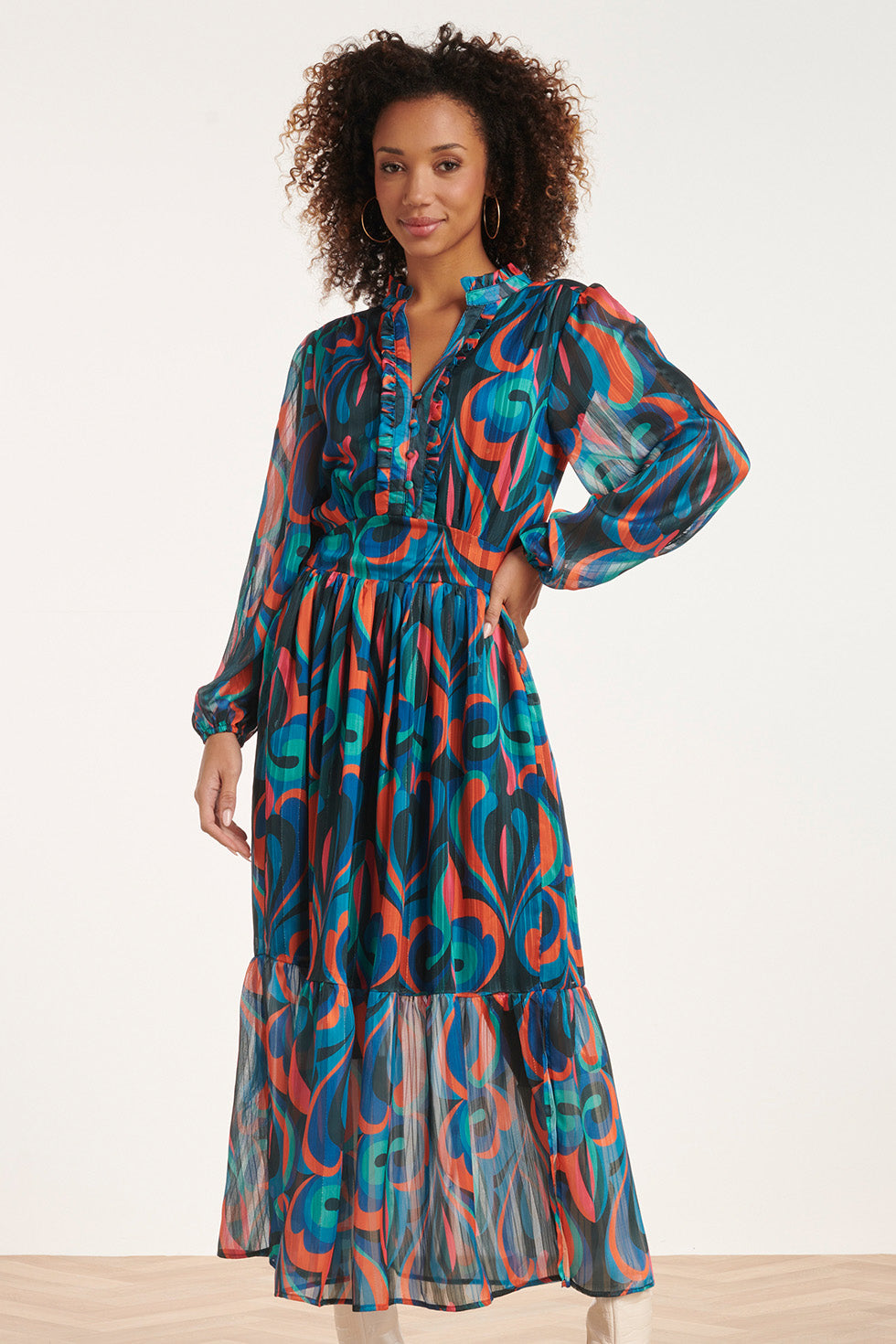 24519 Maxi-Jurk Met Multicolor Teal En Oranje Print