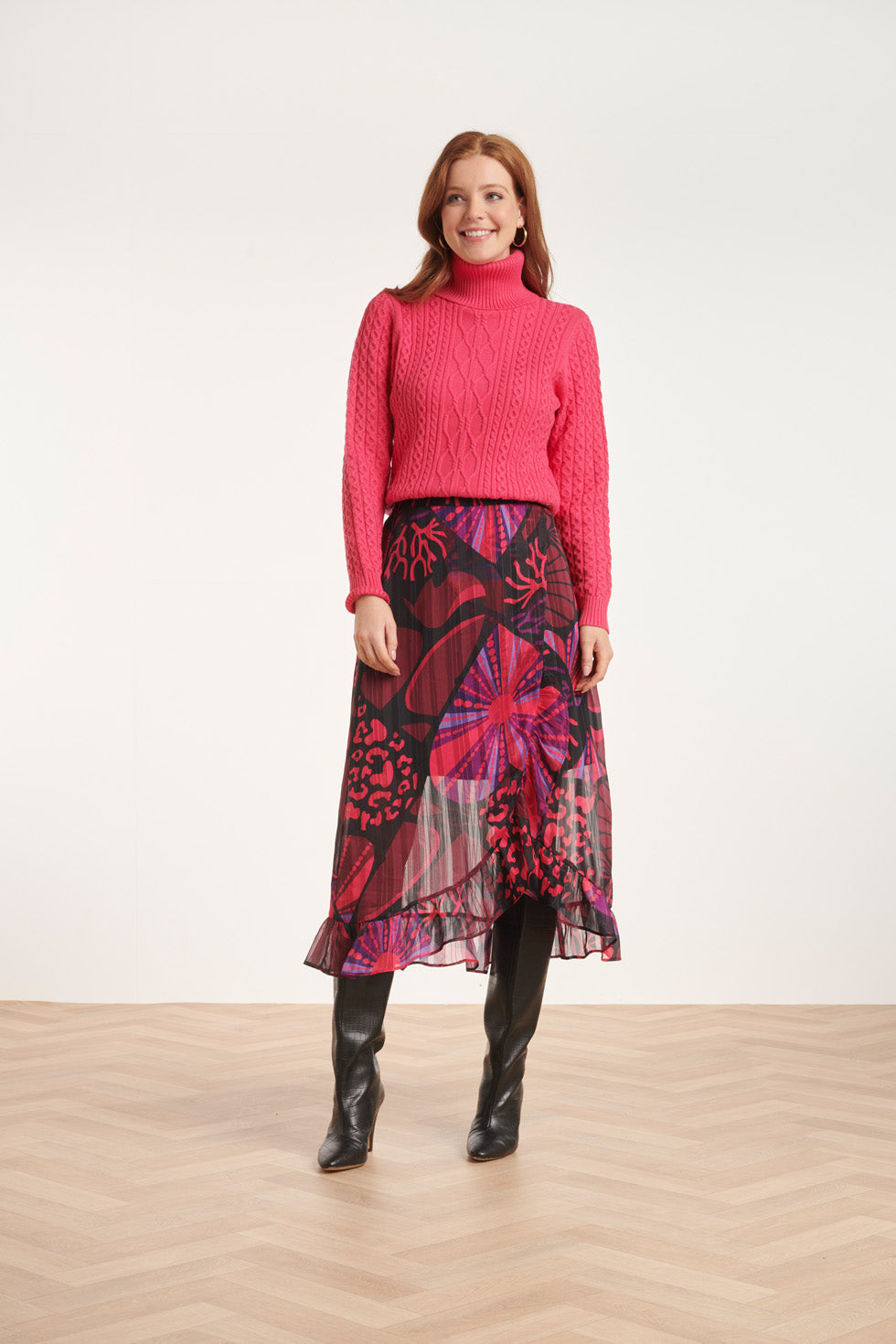 24524 Fuchsia En Paarse Hartjesprint Midi Rok