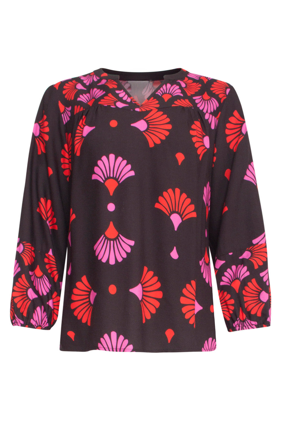 24539 Zwarte Top Met Fuchsia En Rode Grafische Print