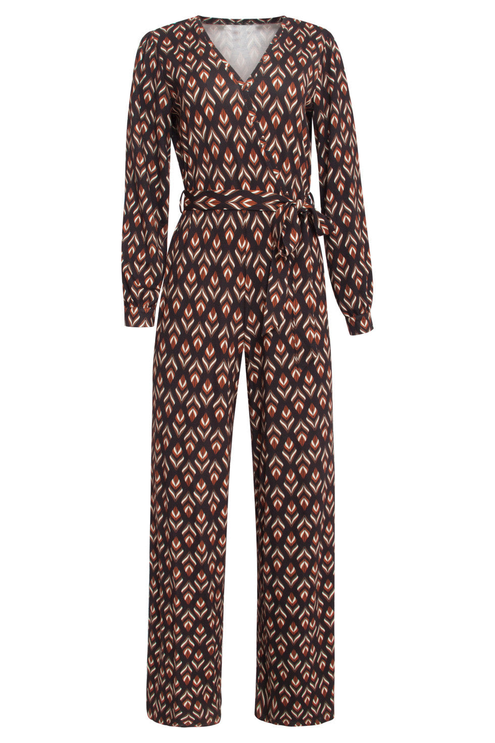 24547 Bruine Stretchy Jumpsuit Met Bladerprint