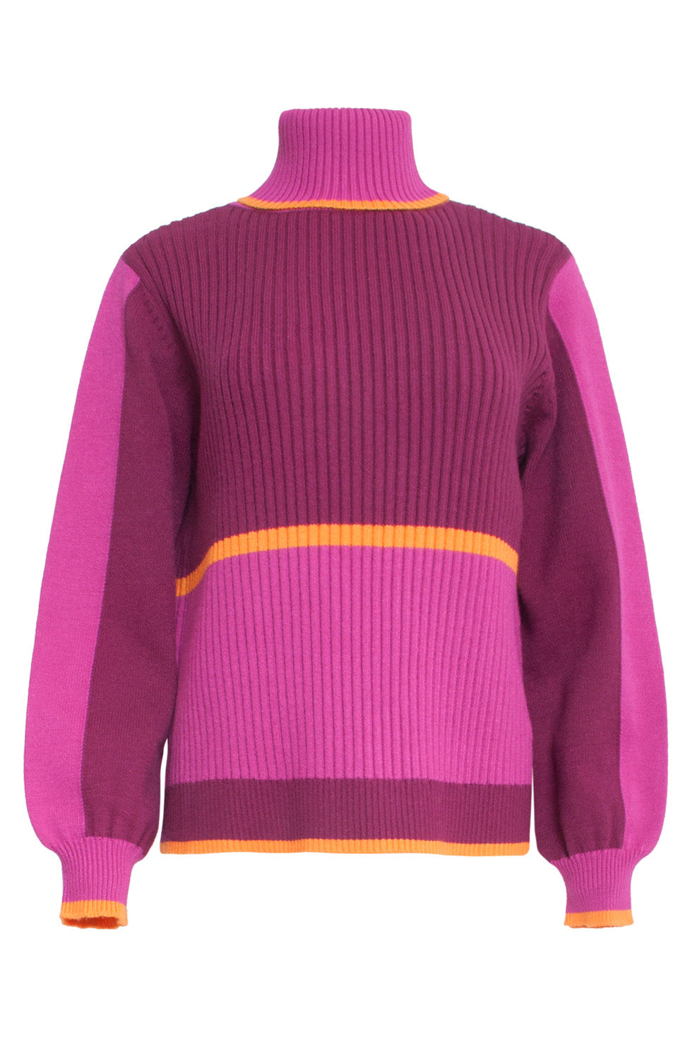 24626 Roze Rood Kleurblok Gebreide Top Met Turtle Neck