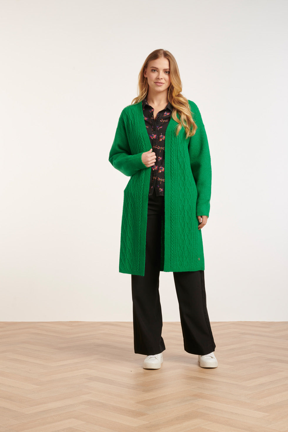 24630 Oversized Open Groene Cardigan Met Vlechtstructuur