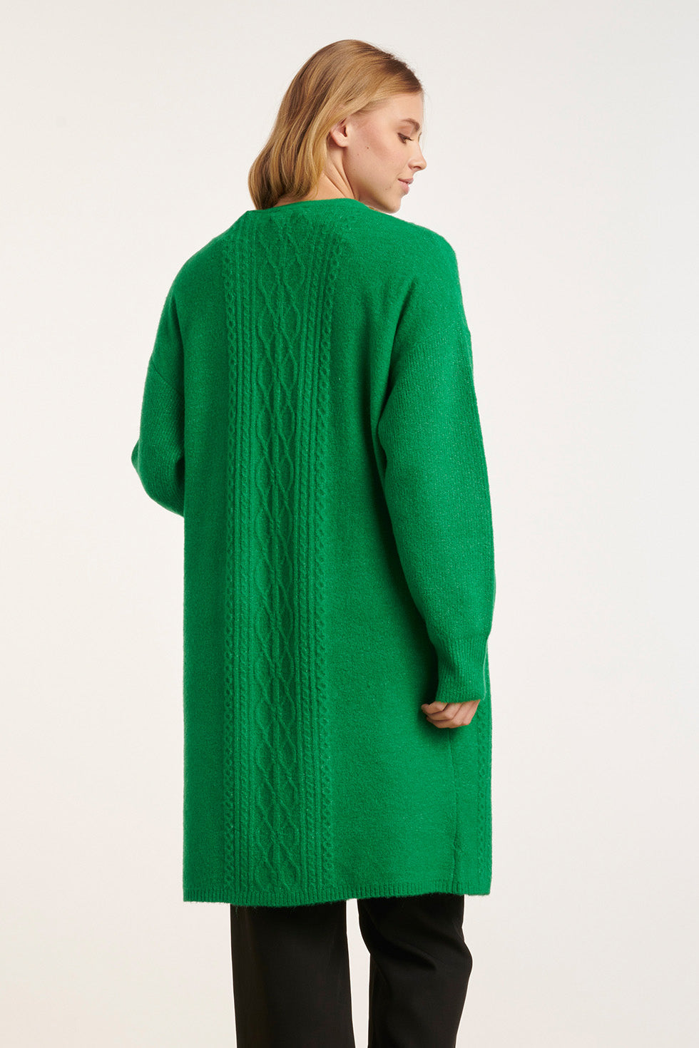 24630 Oversized Open Groene Cardigan Met Vlechtstructuur