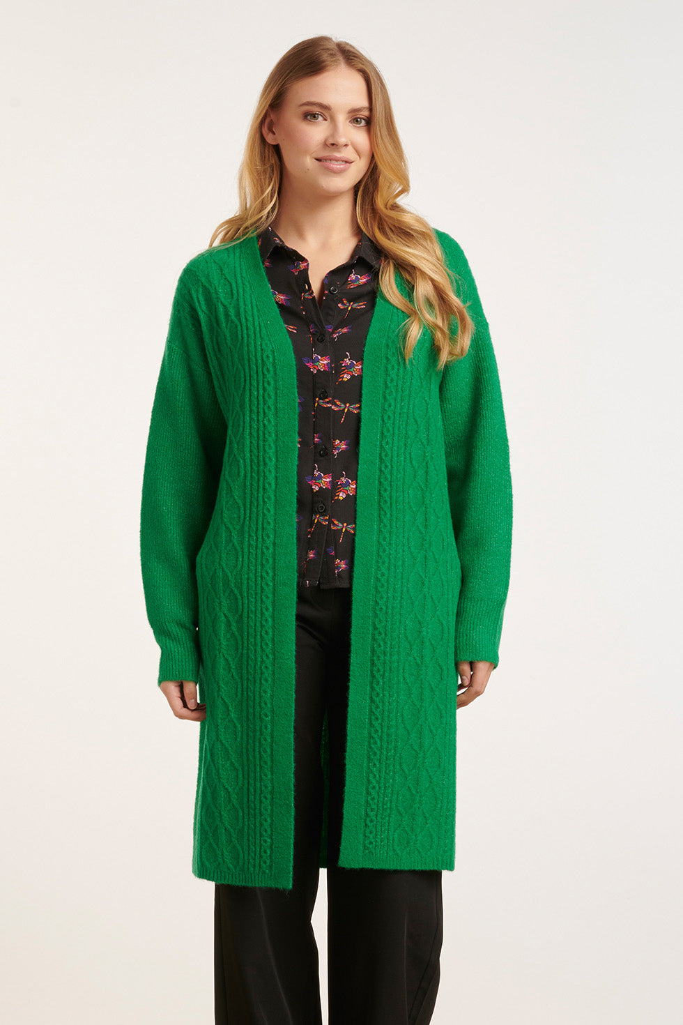 24630 Oversized Open Groene Cardigan Met Vlechtstructuur