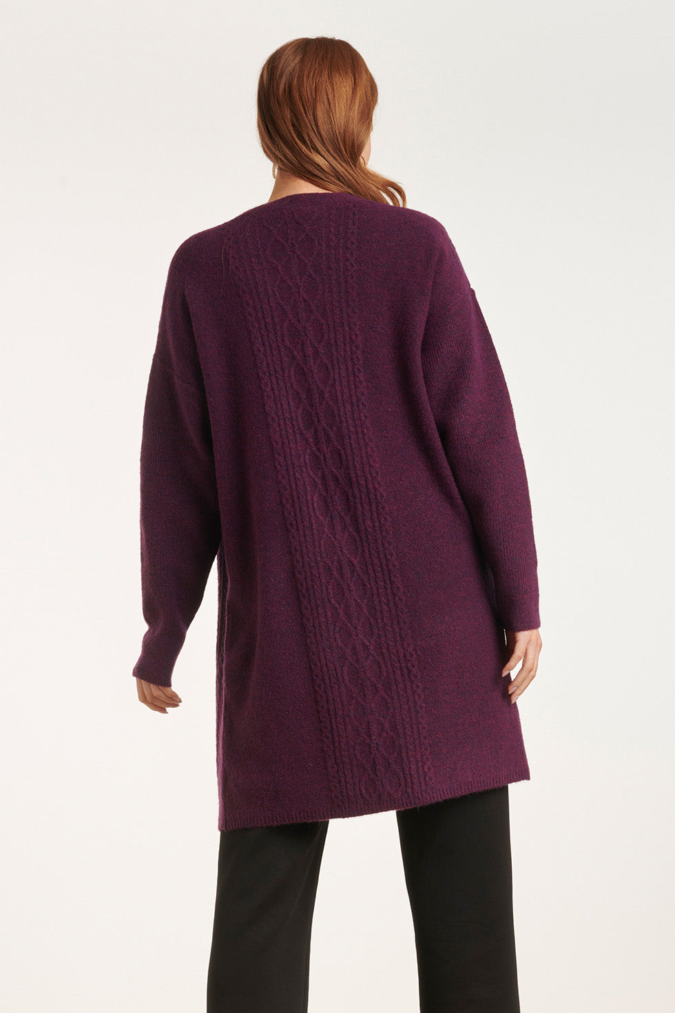 24630 Oversized Open Paarse Cardigan Met Kabeltructuur